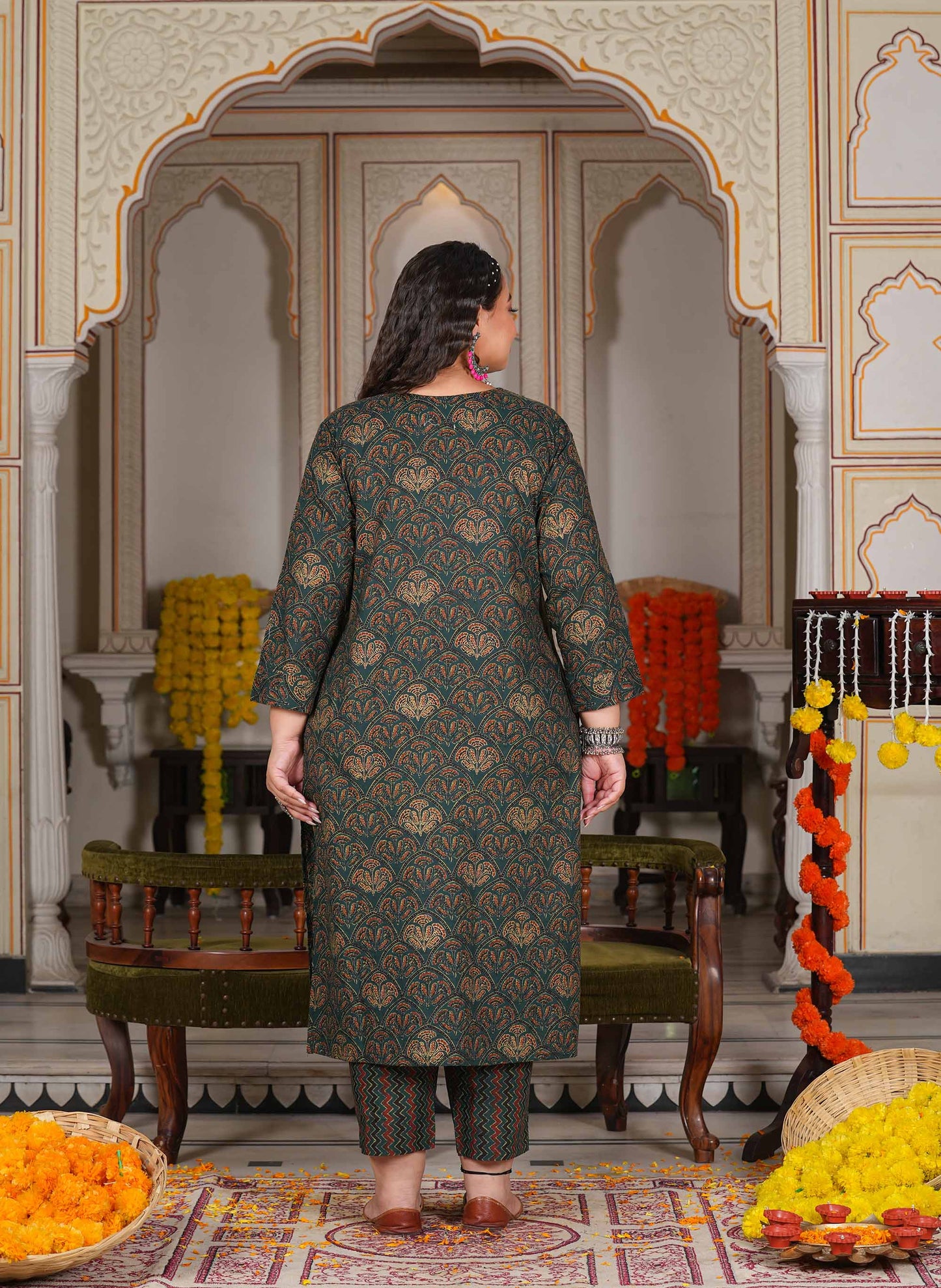 Dark Green Zig-Zag Plus Size Straight Suit Set