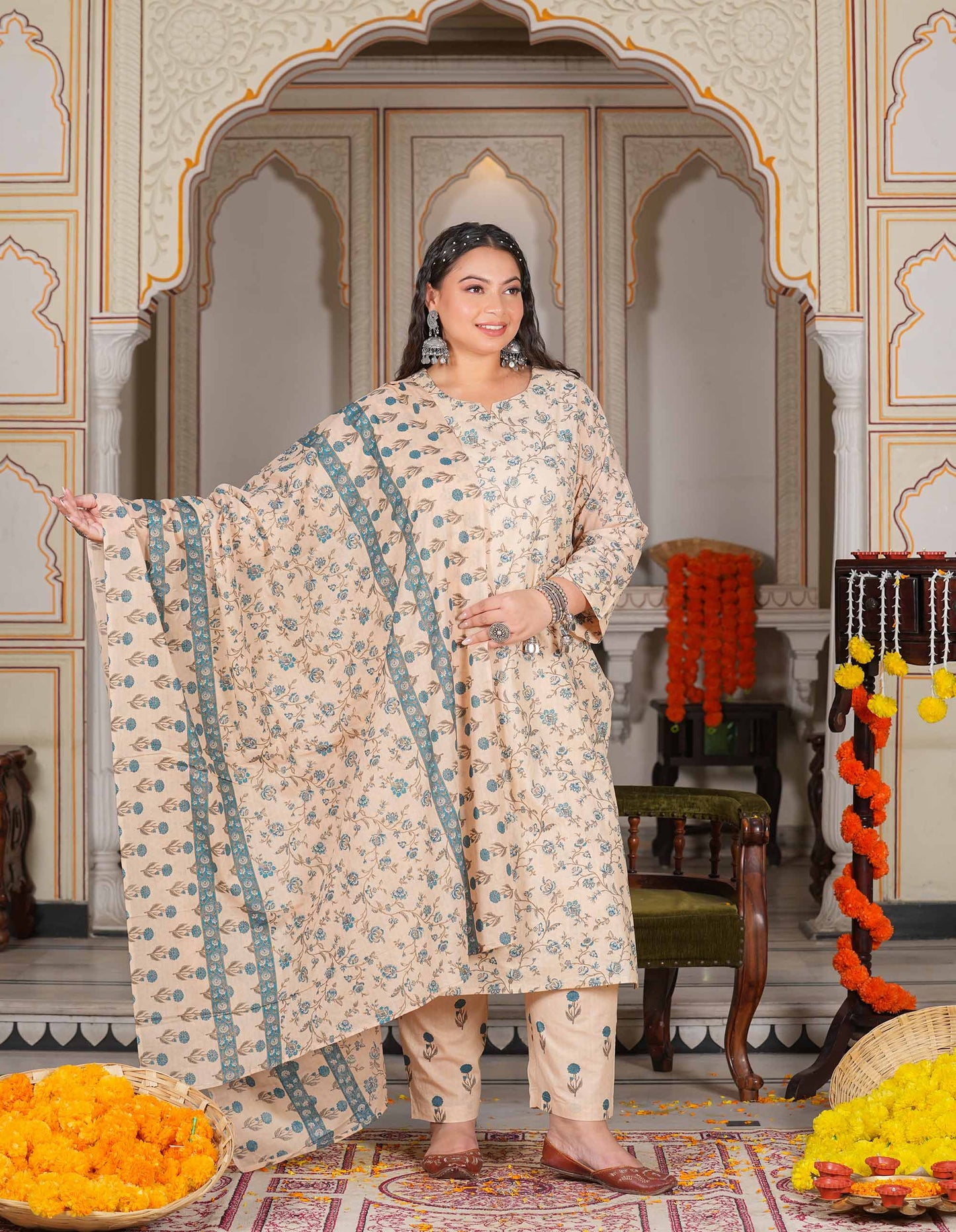 Blue Cream Plus Size Cotton Suit Set