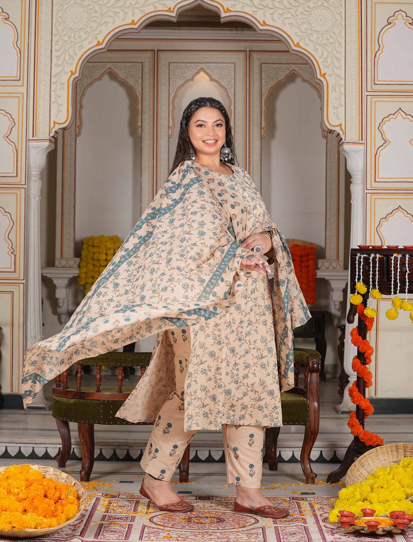 Blue Cream Plus Size Cotton Suit Set