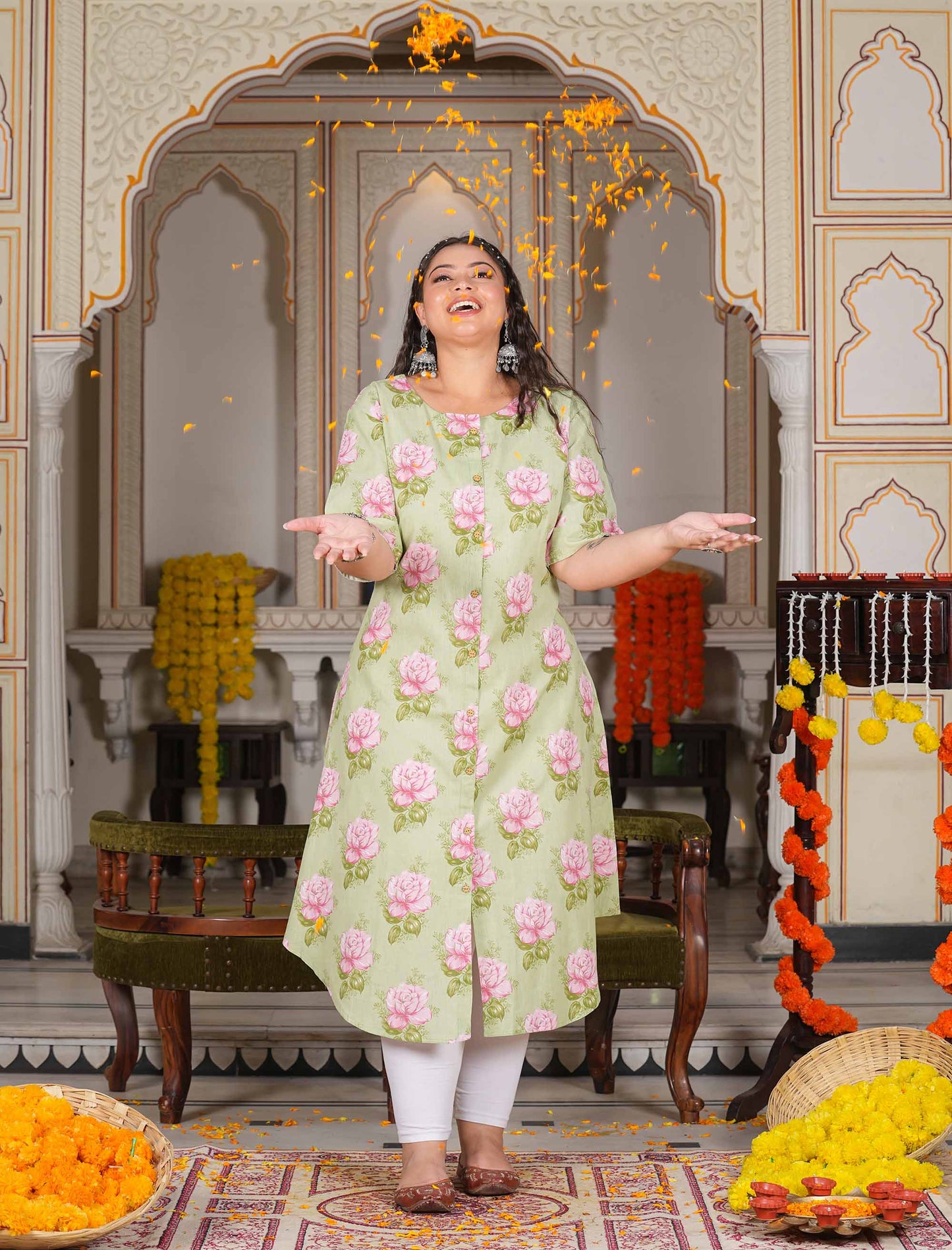 Pista Floral Half-sleeve Plus Size Cotton Kurti