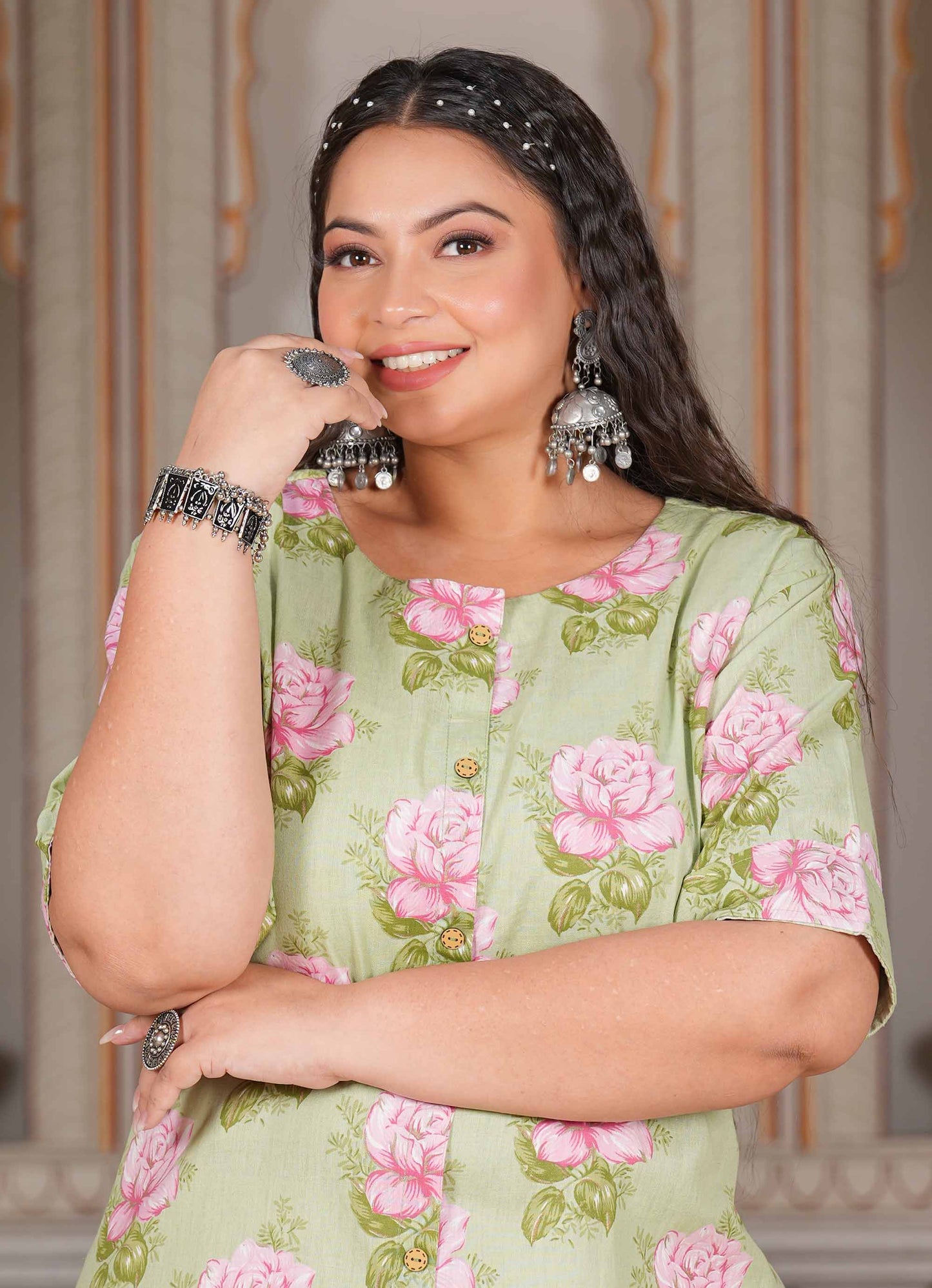 Pista Floral Half-sleeve Plus Size Cotton Kurti