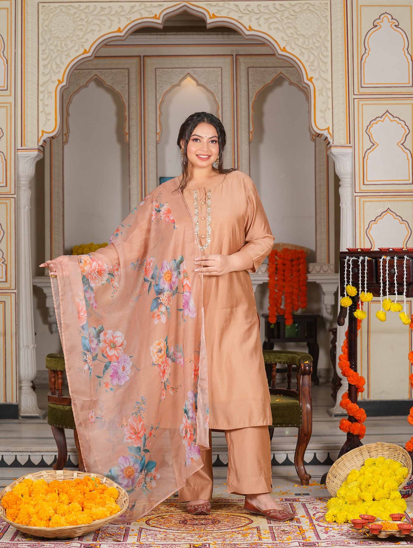 Brown Organza Dupatta Plus Suit