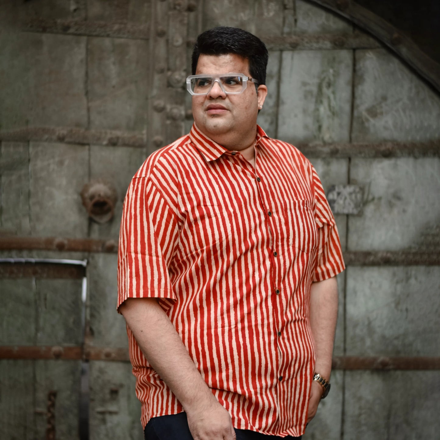 Orange Stripes Print Plus Men Handblock Bushirt
