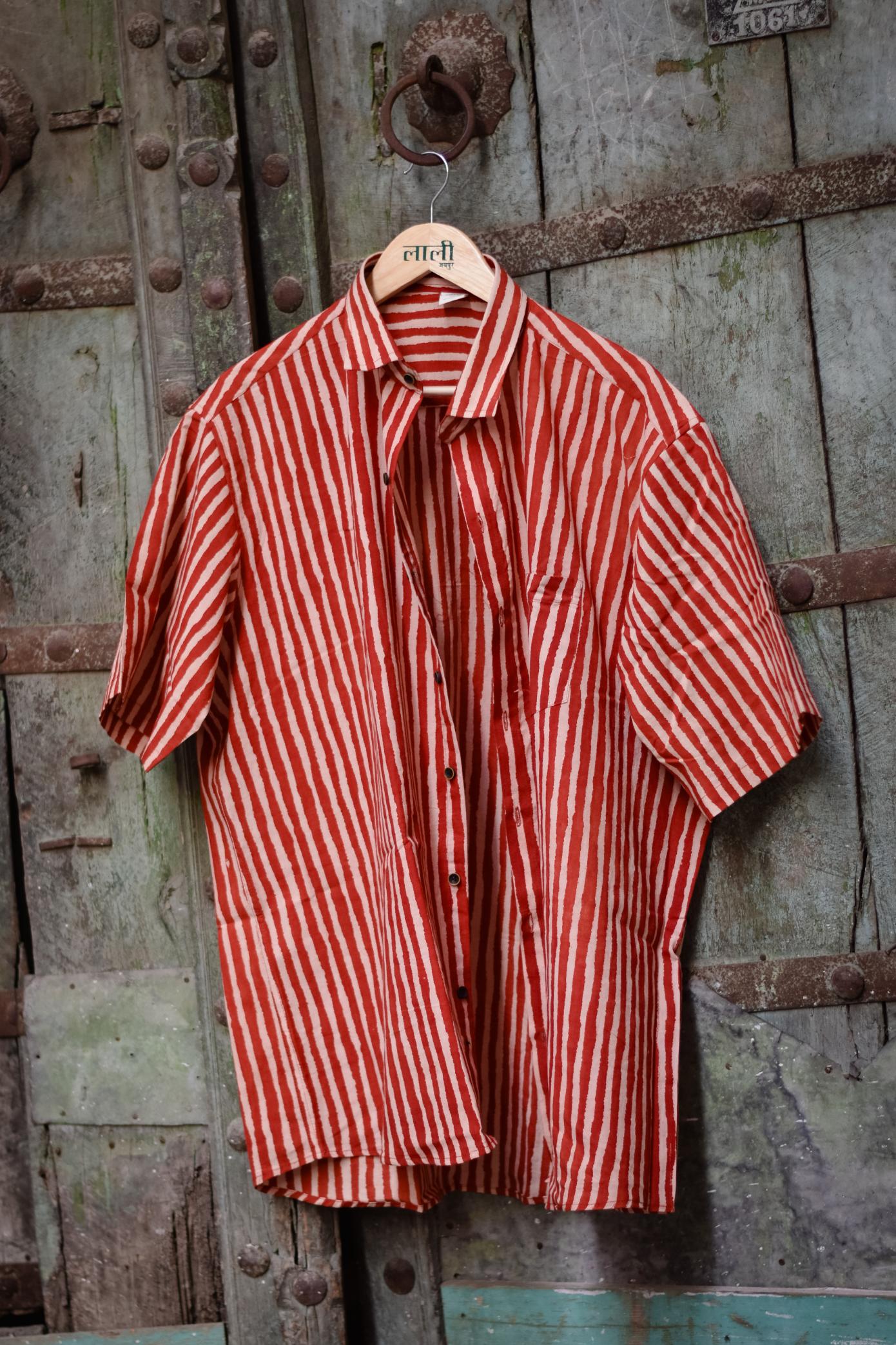 Orange Stripes Print Plus Men Handblock Bushirt