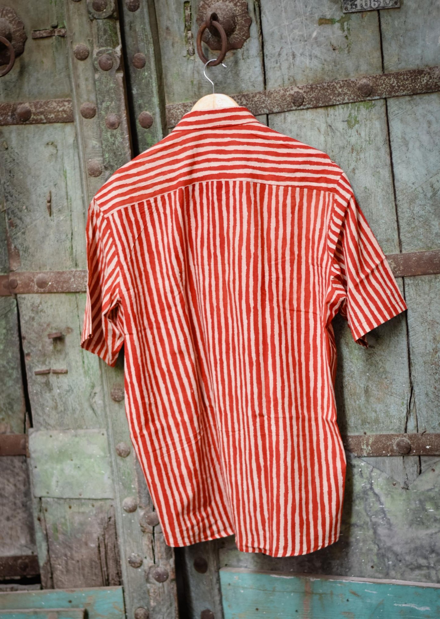 Orange Stripes Print Plus Men Handblock Bushirt
