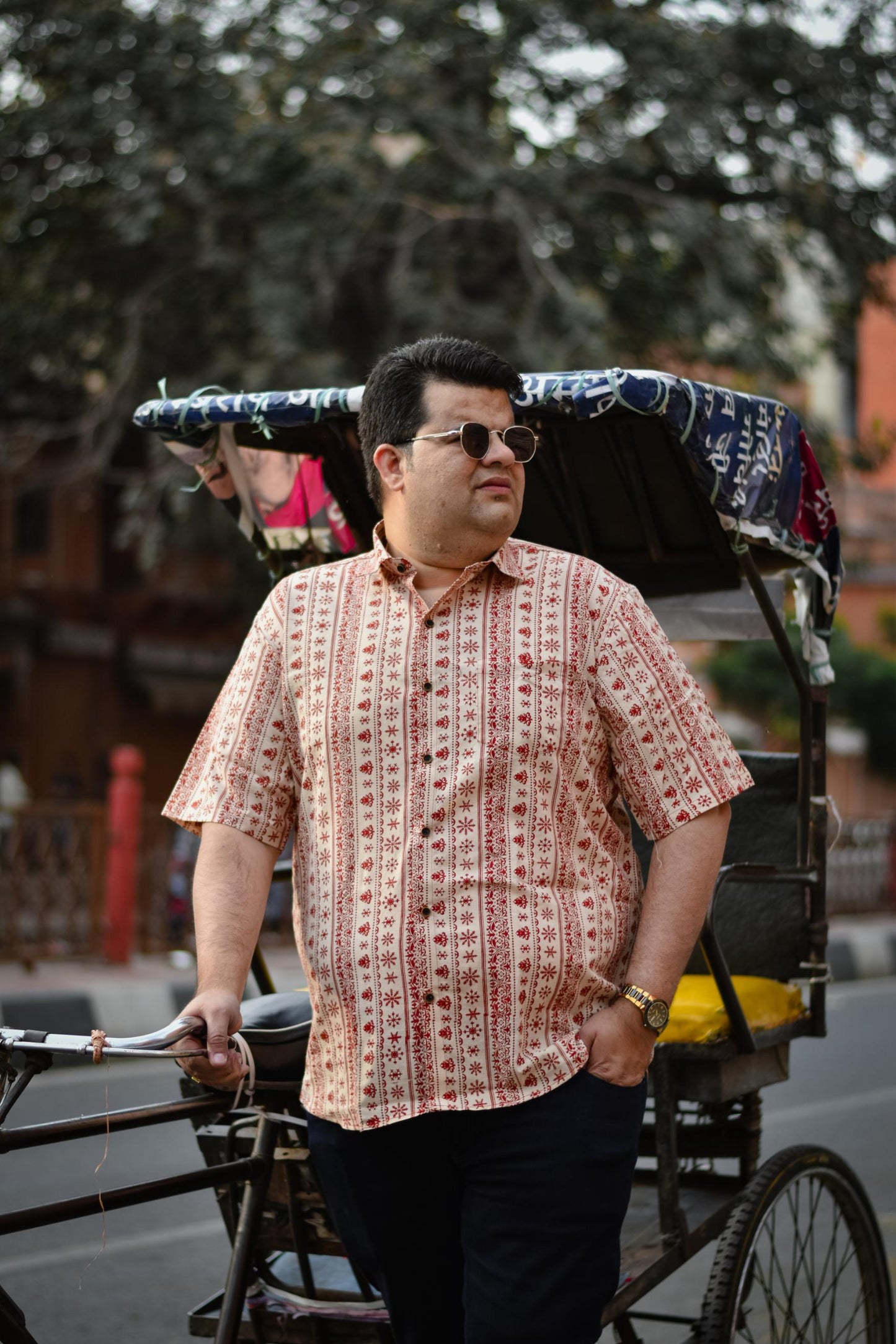 Beige Floral Motif Plus Men Handblock Bushirt