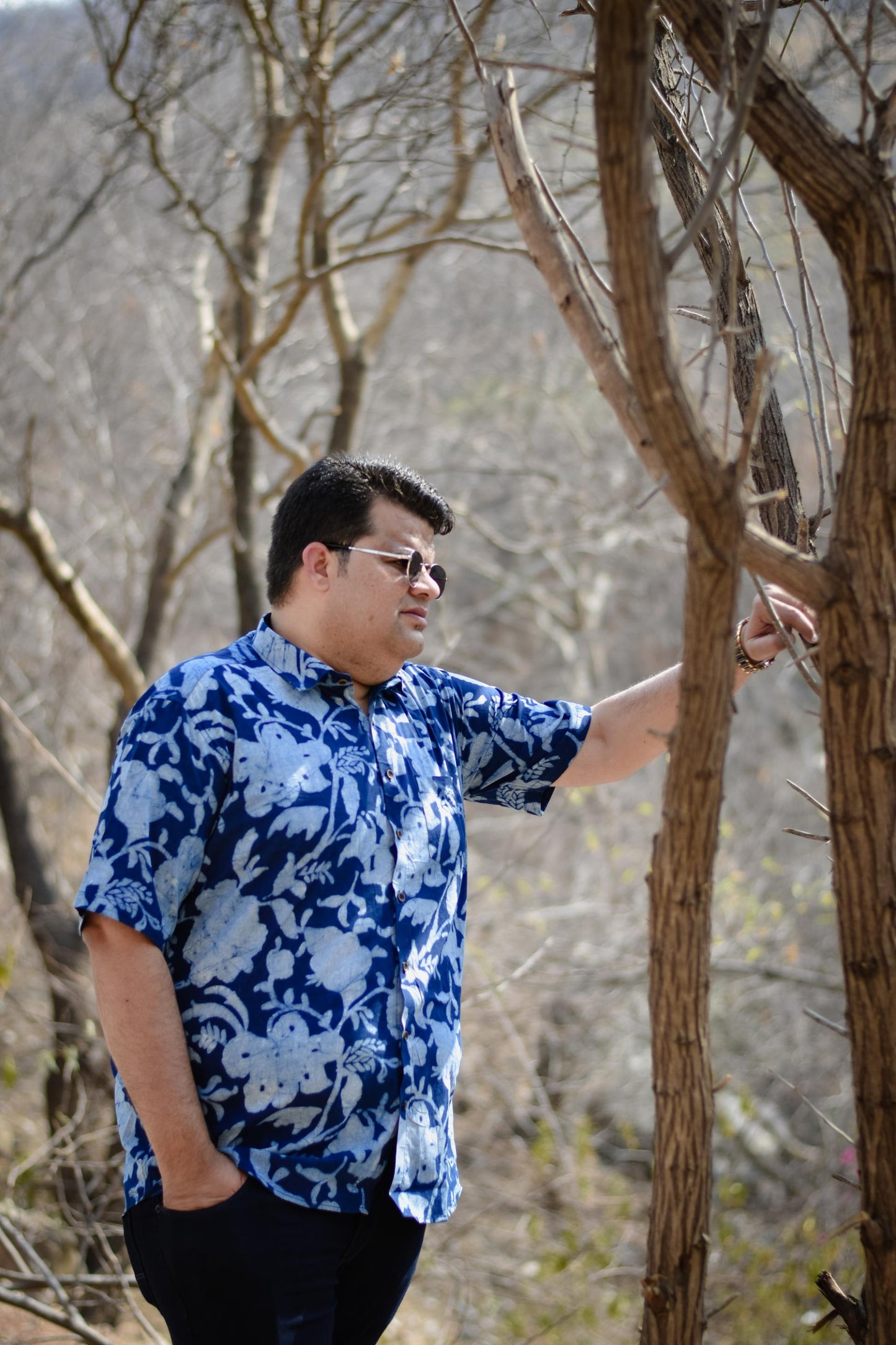 Indigo Floral Print Plus Men Handblock Bushirt