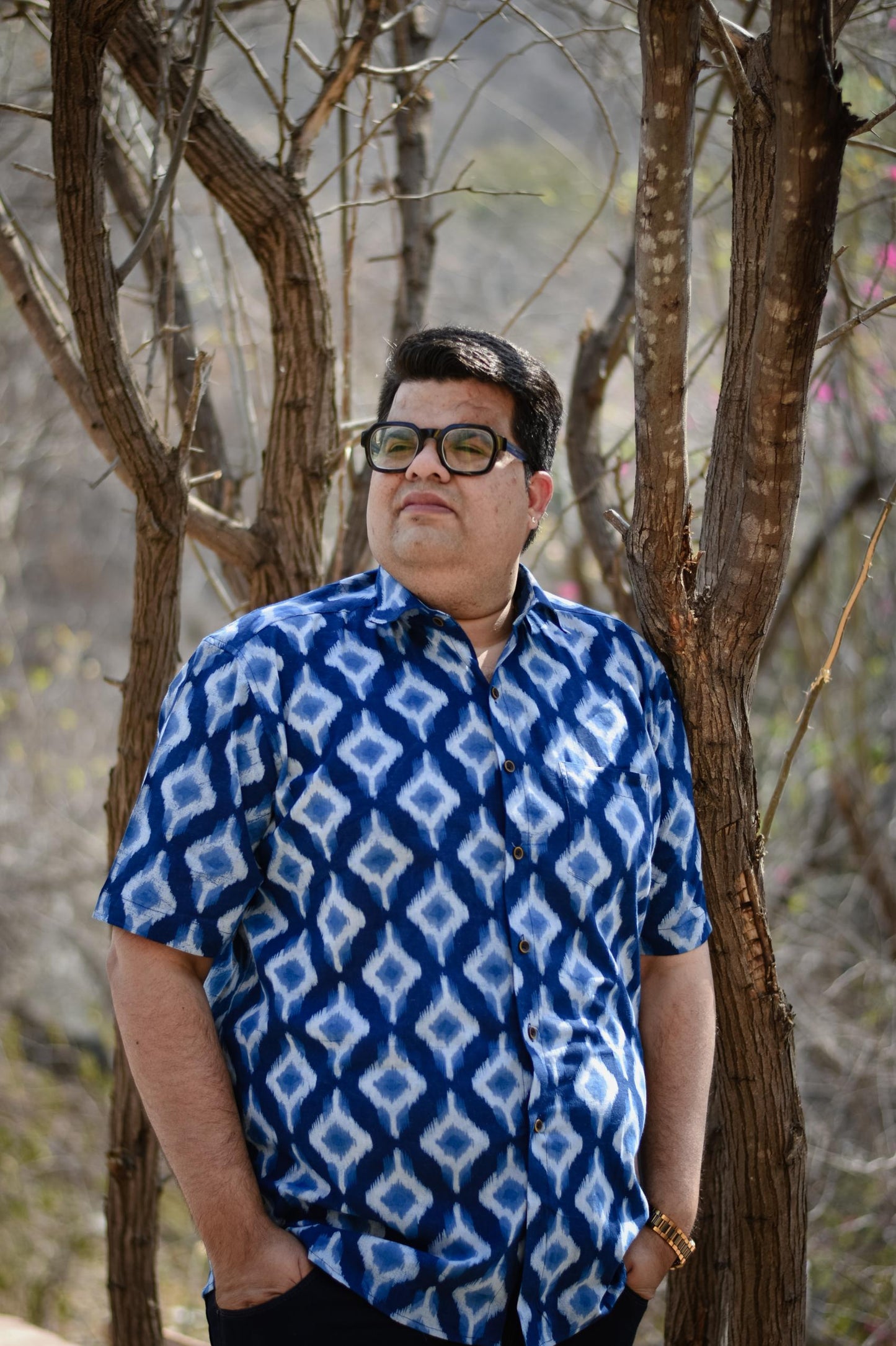 Indigo Geometric Motif Plus Men Shirt
