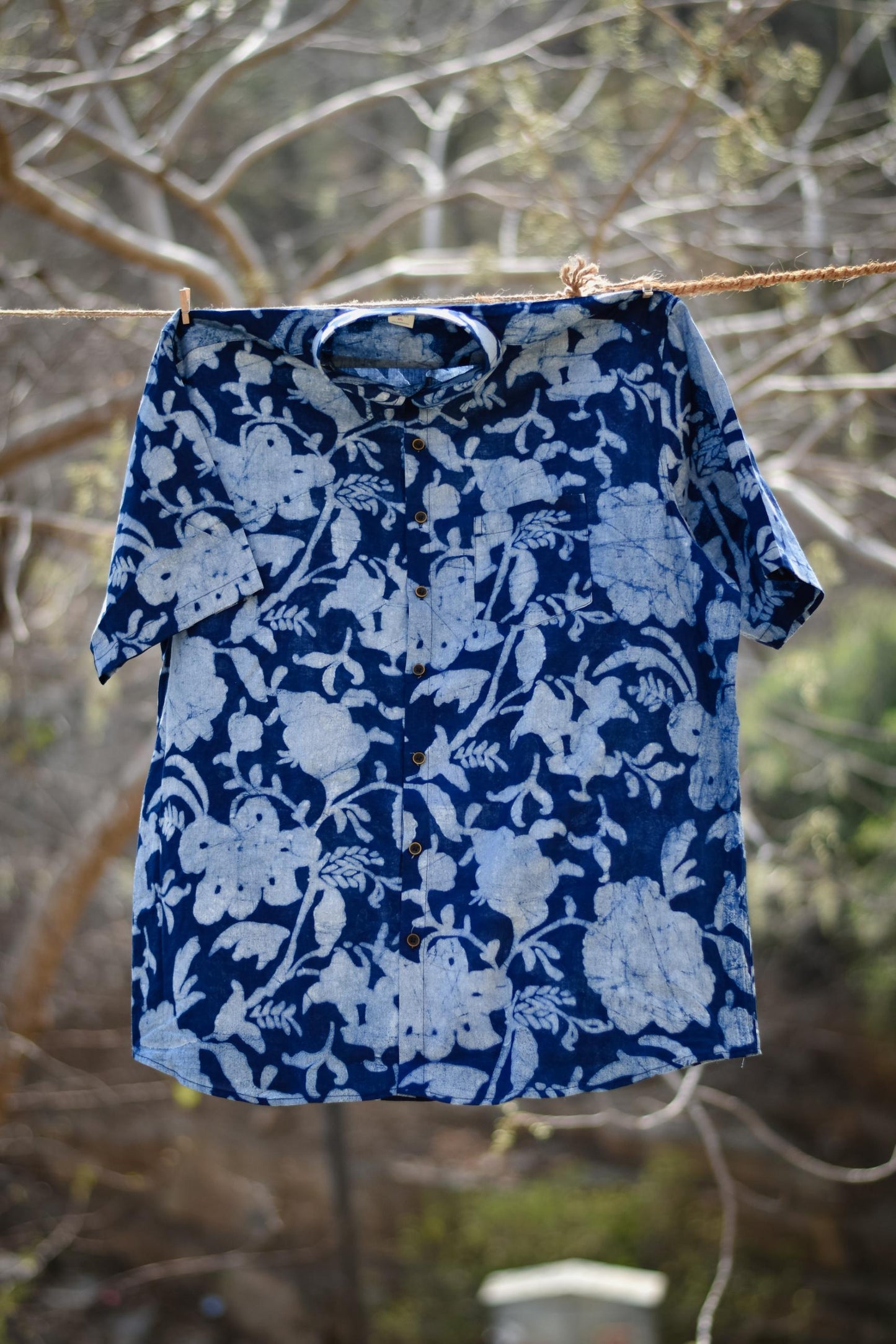 Indigo Floral Print Plus Men Handblock Bushirt