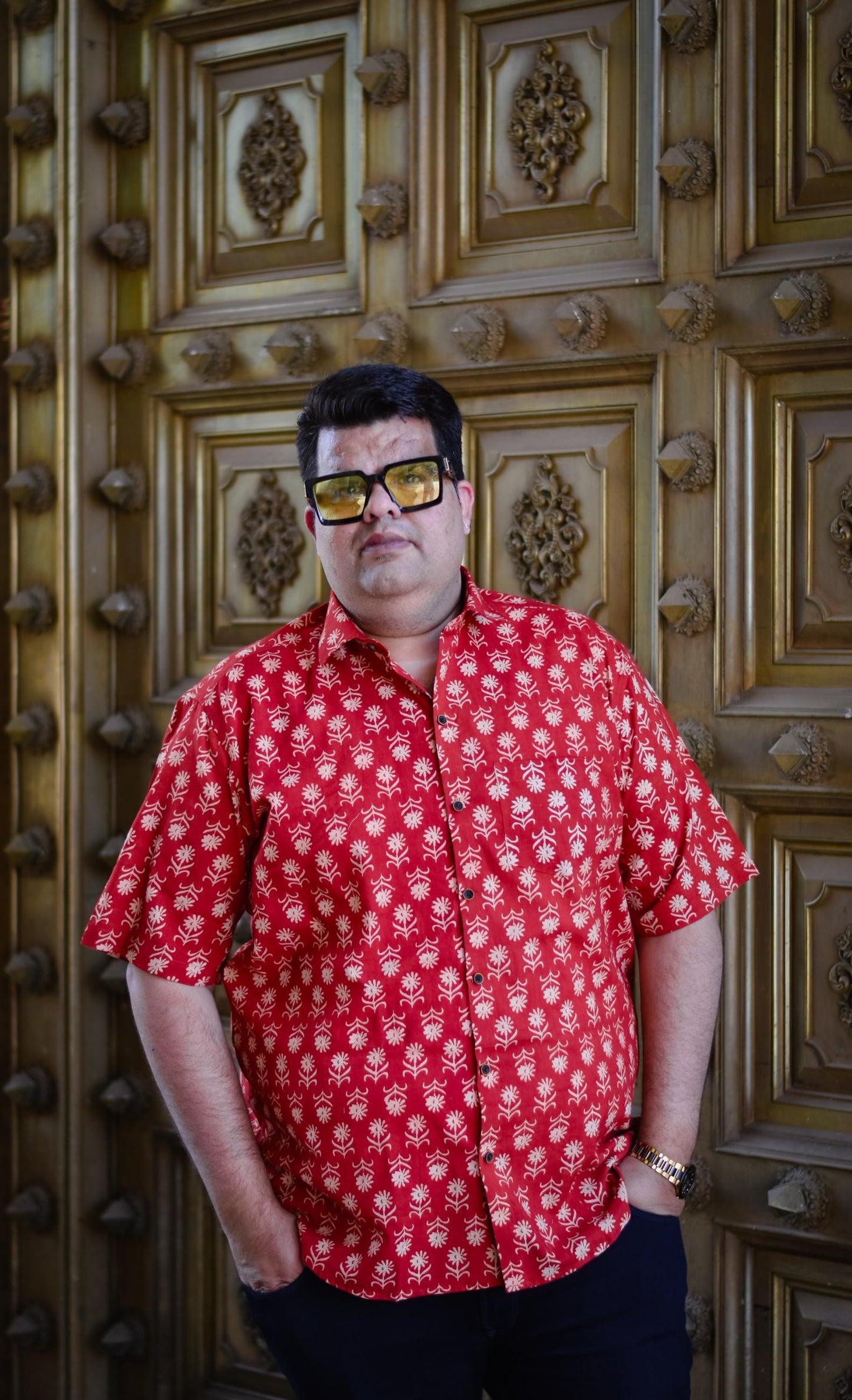 Orange Floral Motif Plus Men Bushirt