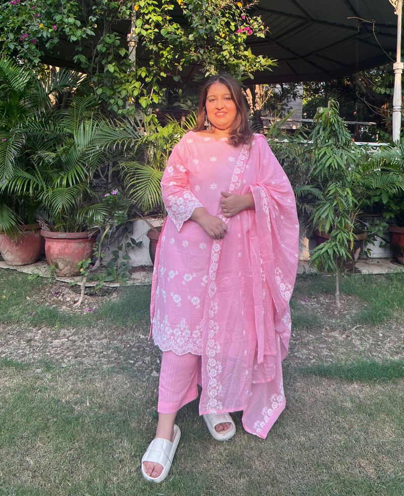 Pink Schiffli Plus Size Sraight Suit Set