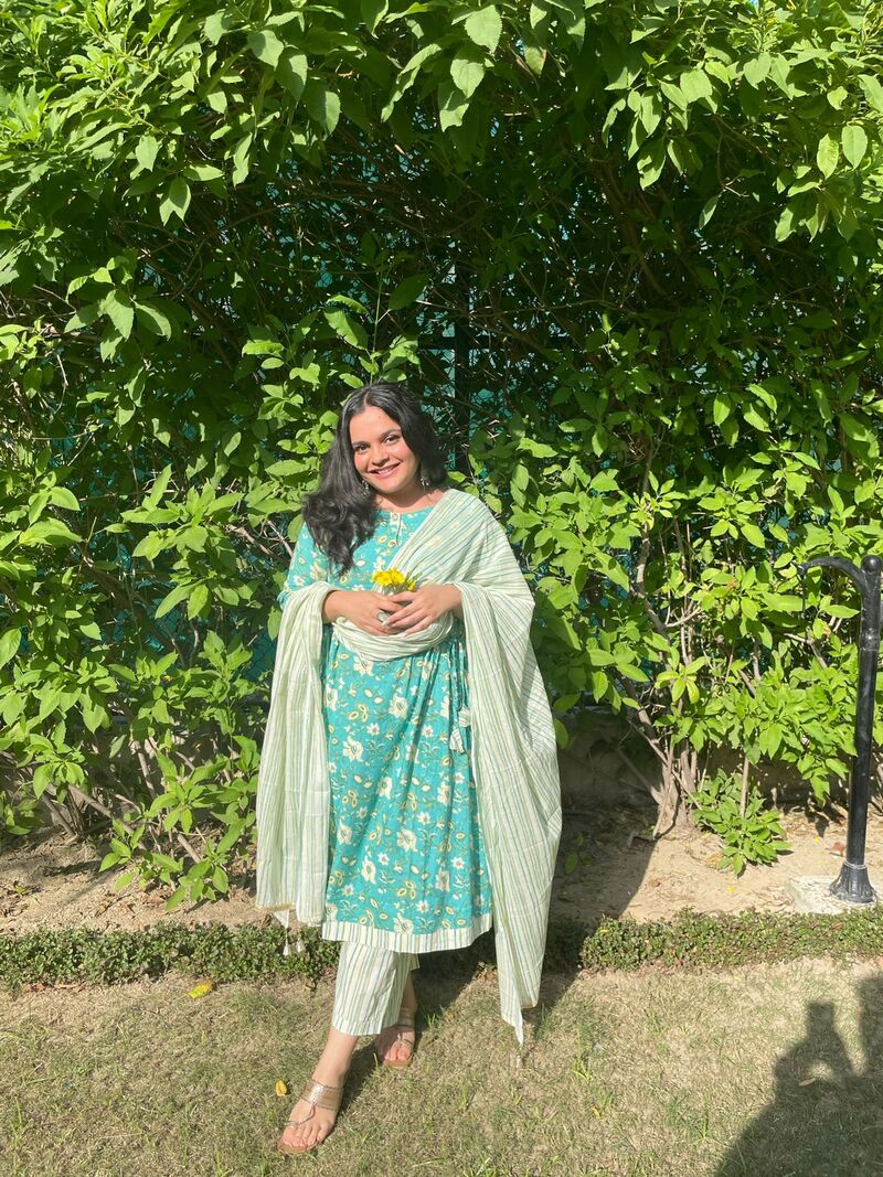 Sea Green Stripe Anarkali Set With Pockets