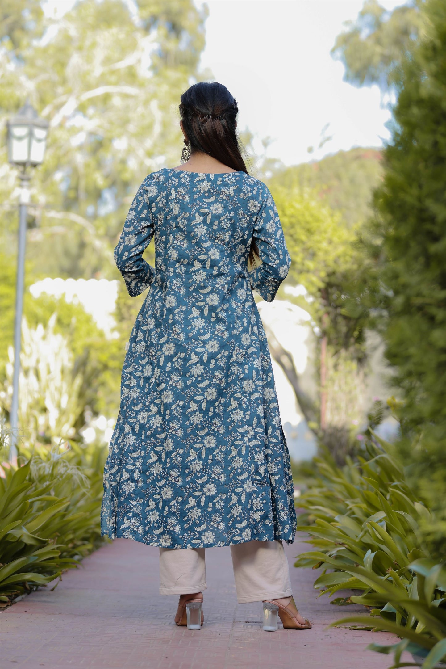 Potli Button Blue A-line Kurti