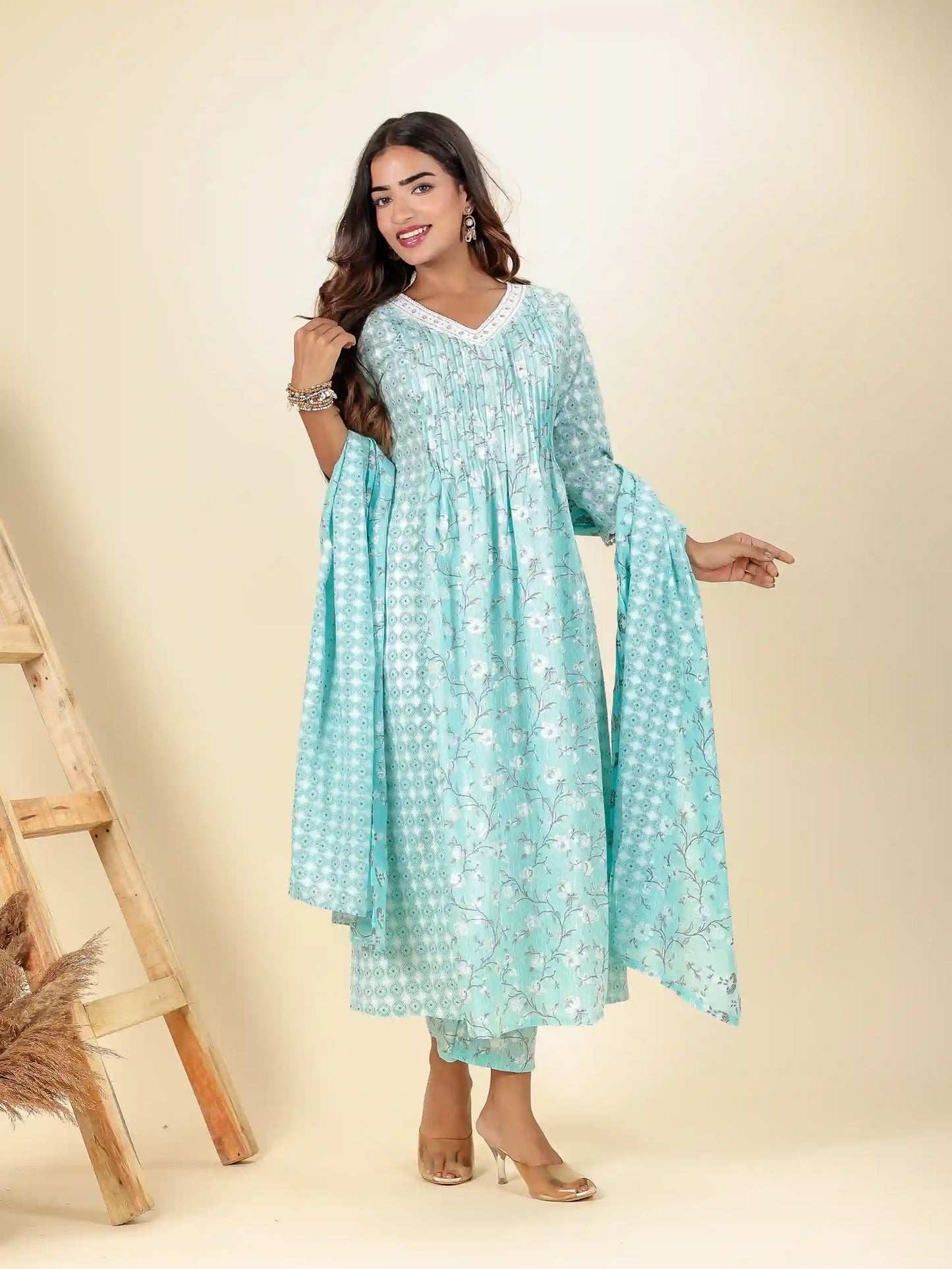 Firozi Pintuck Detailing Anarkali Suit Set
