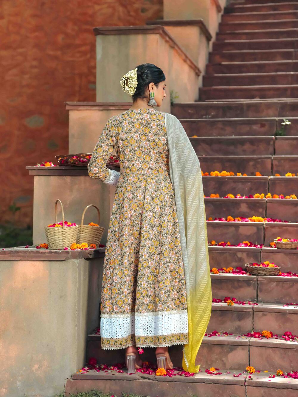 Yellow Schiffli Anarkali Dress with Dupatta