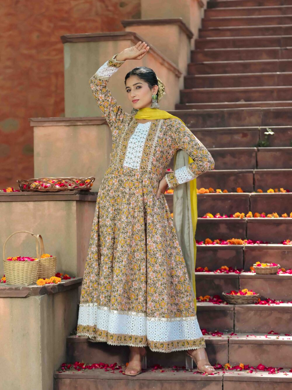 Yellow Schiffli Anarkali Dress with Dupatta