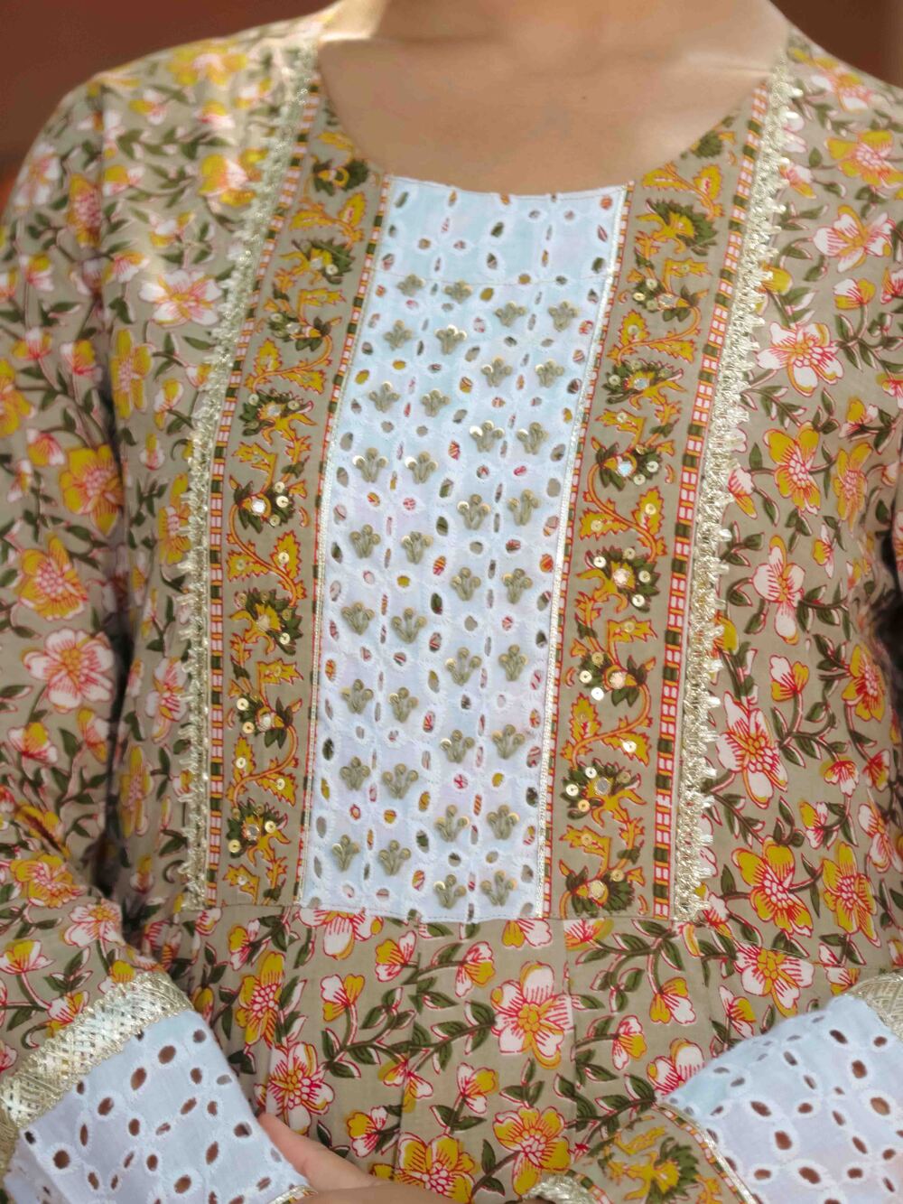 Yellow Schiffli Anarkali Dress with Dupatta