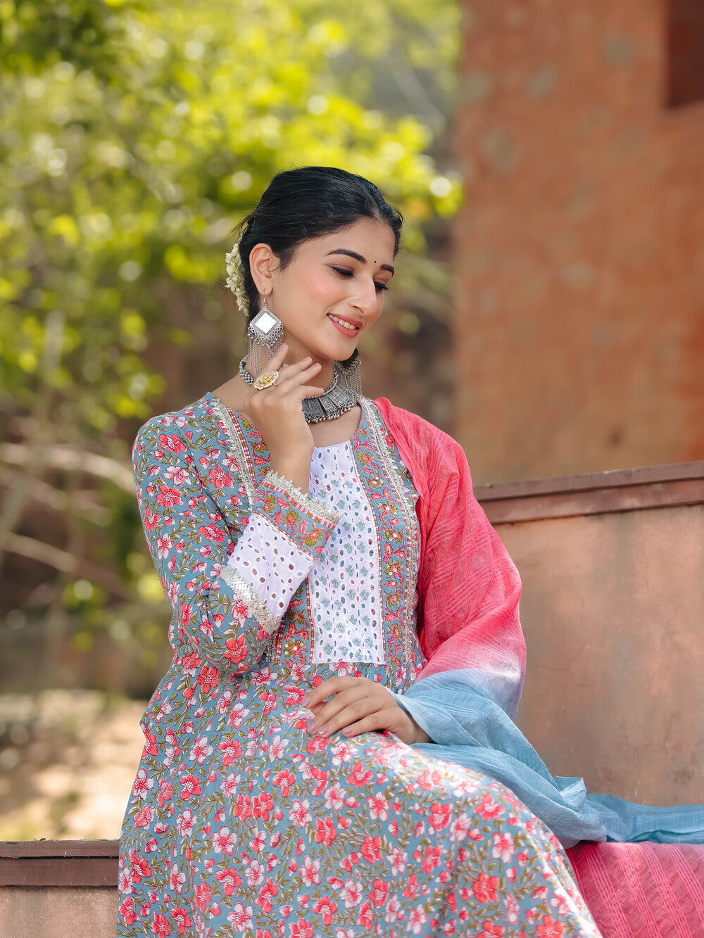 Pink Schiffli Anarkali Dress with Dupatta