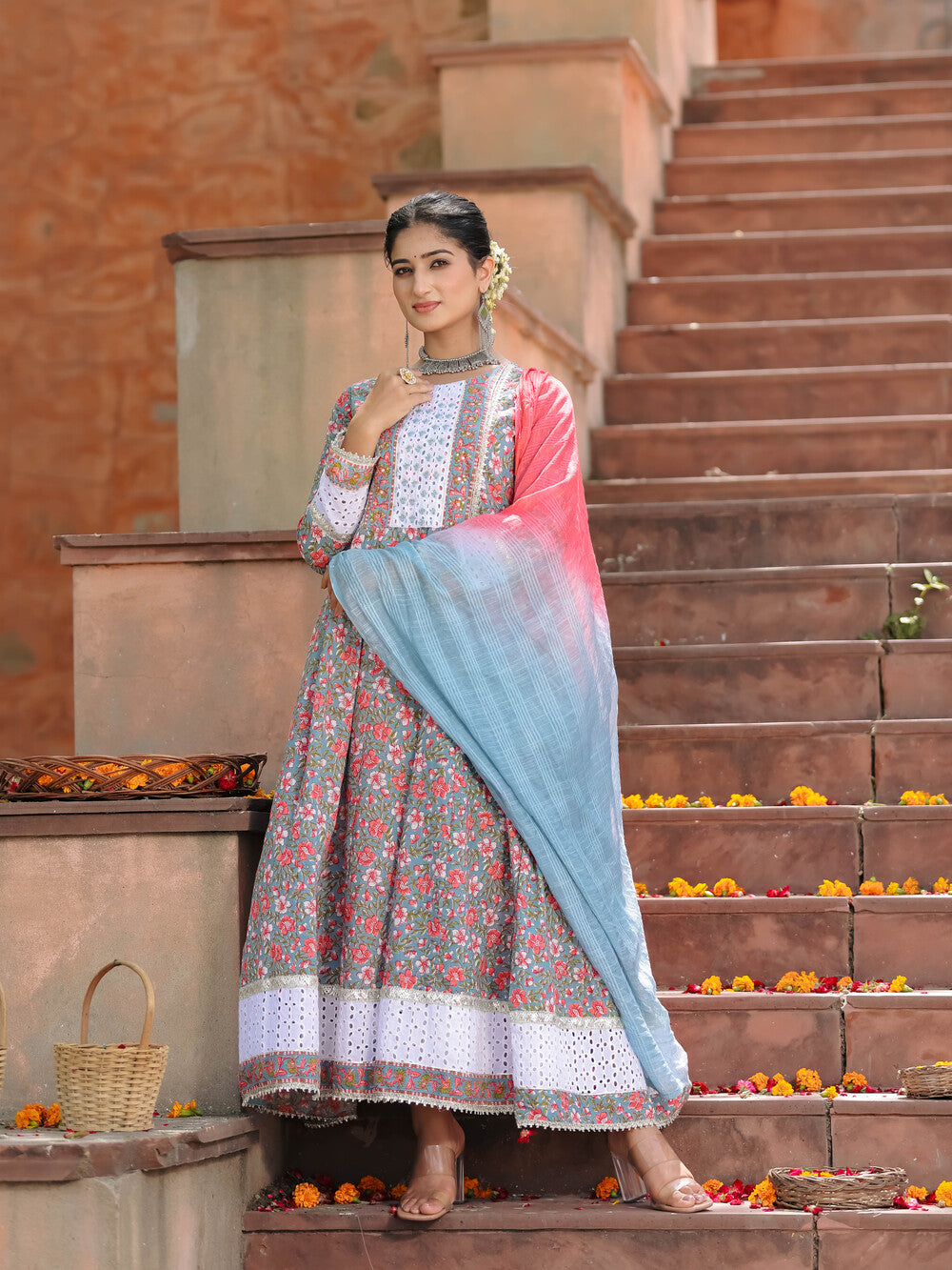 Pink Schiffli Anarkali Dress with Dupatta