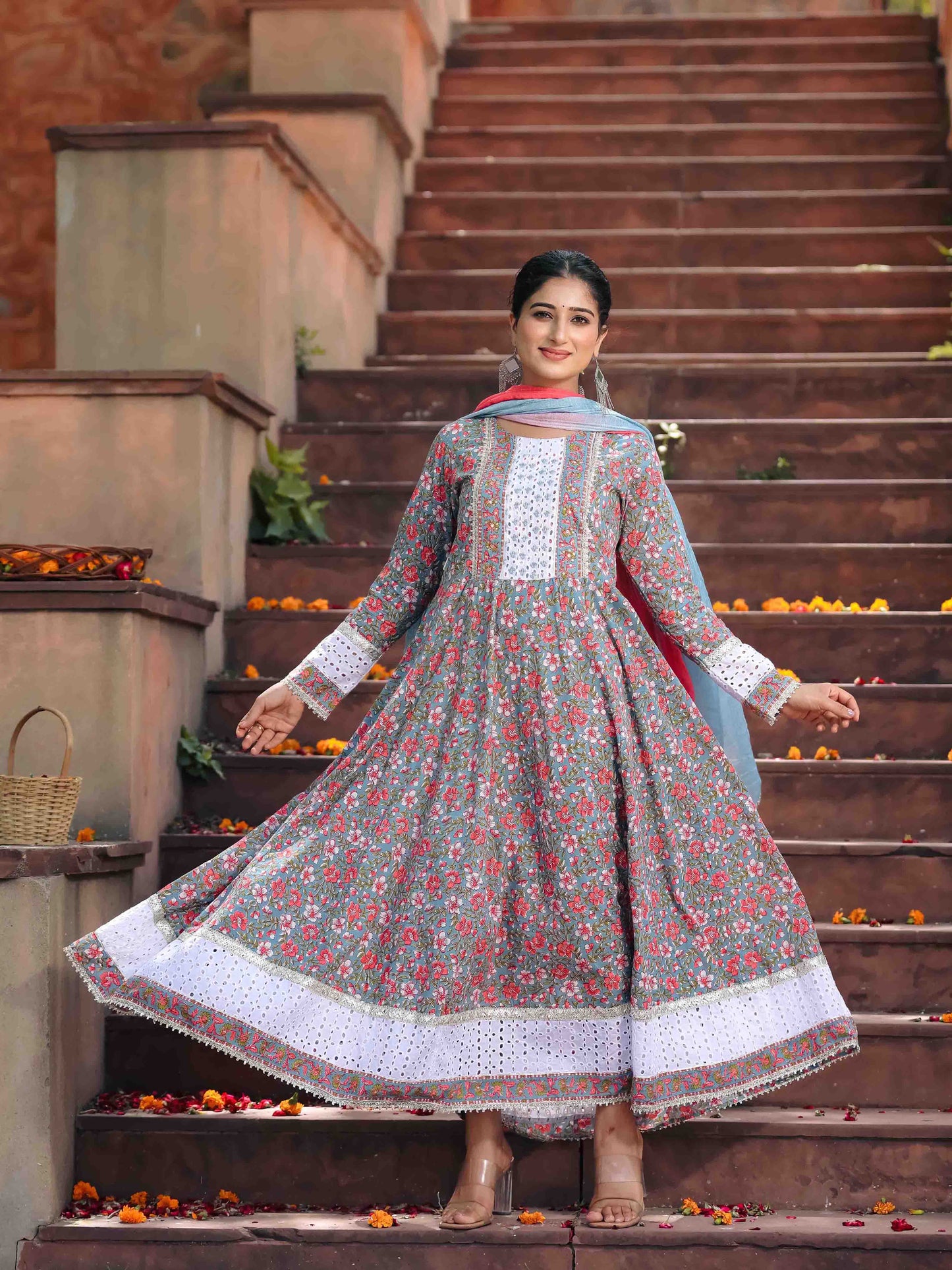 Pink Schiffli Anarkali Dress with Dupatta
