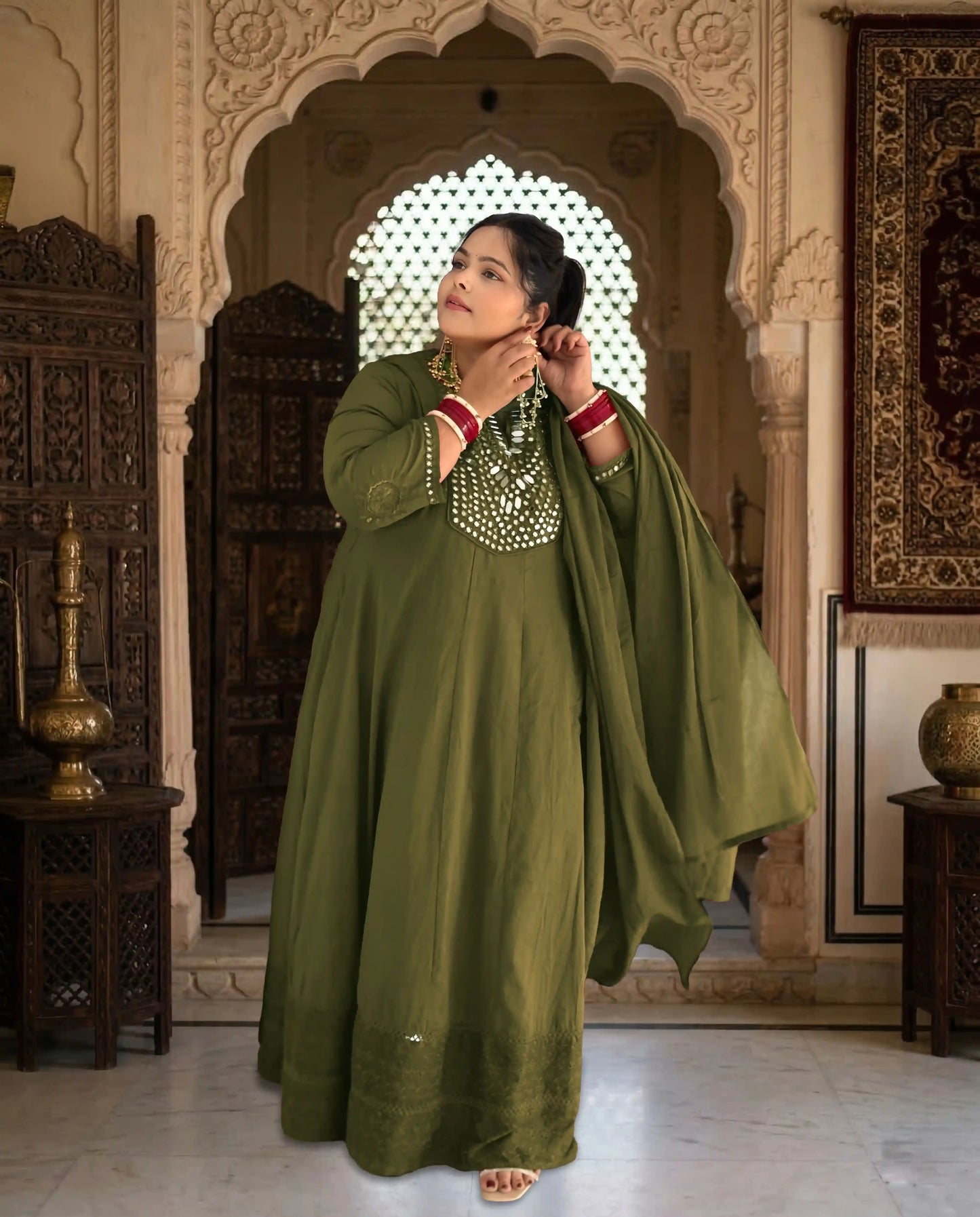 Olive Green Mirror Detailing A-line Plus Size Suit Set