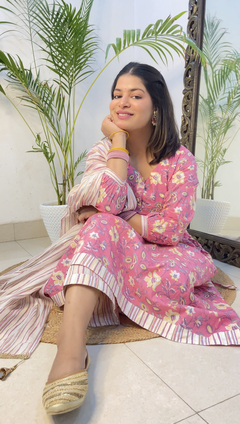 Pink Stripe Anarkali Set With Pockets