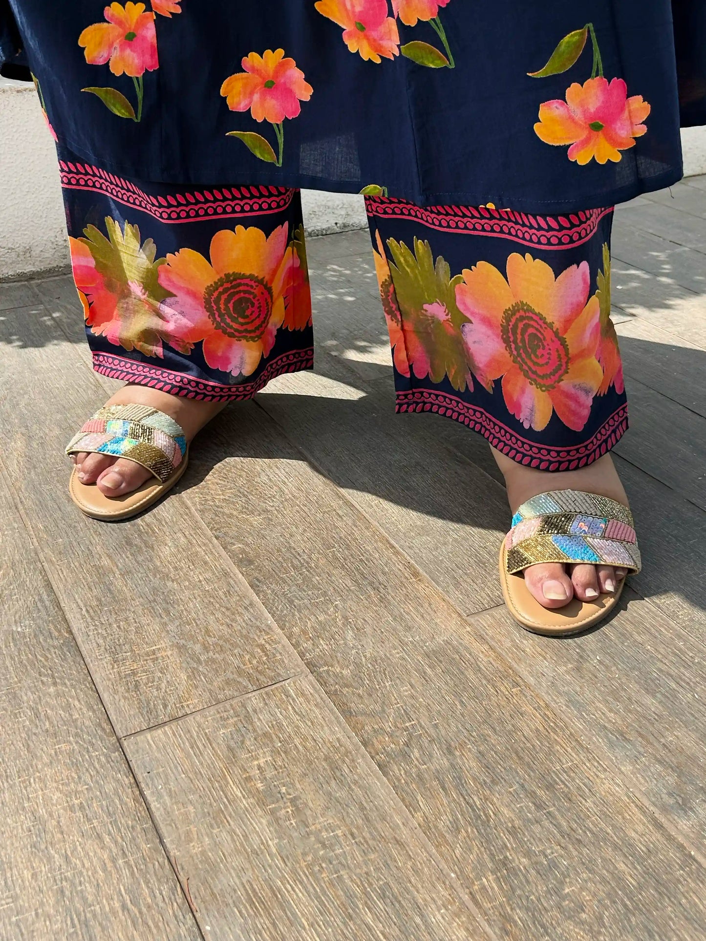 Blue Floral A-line Plus Size Cotton Suit Set