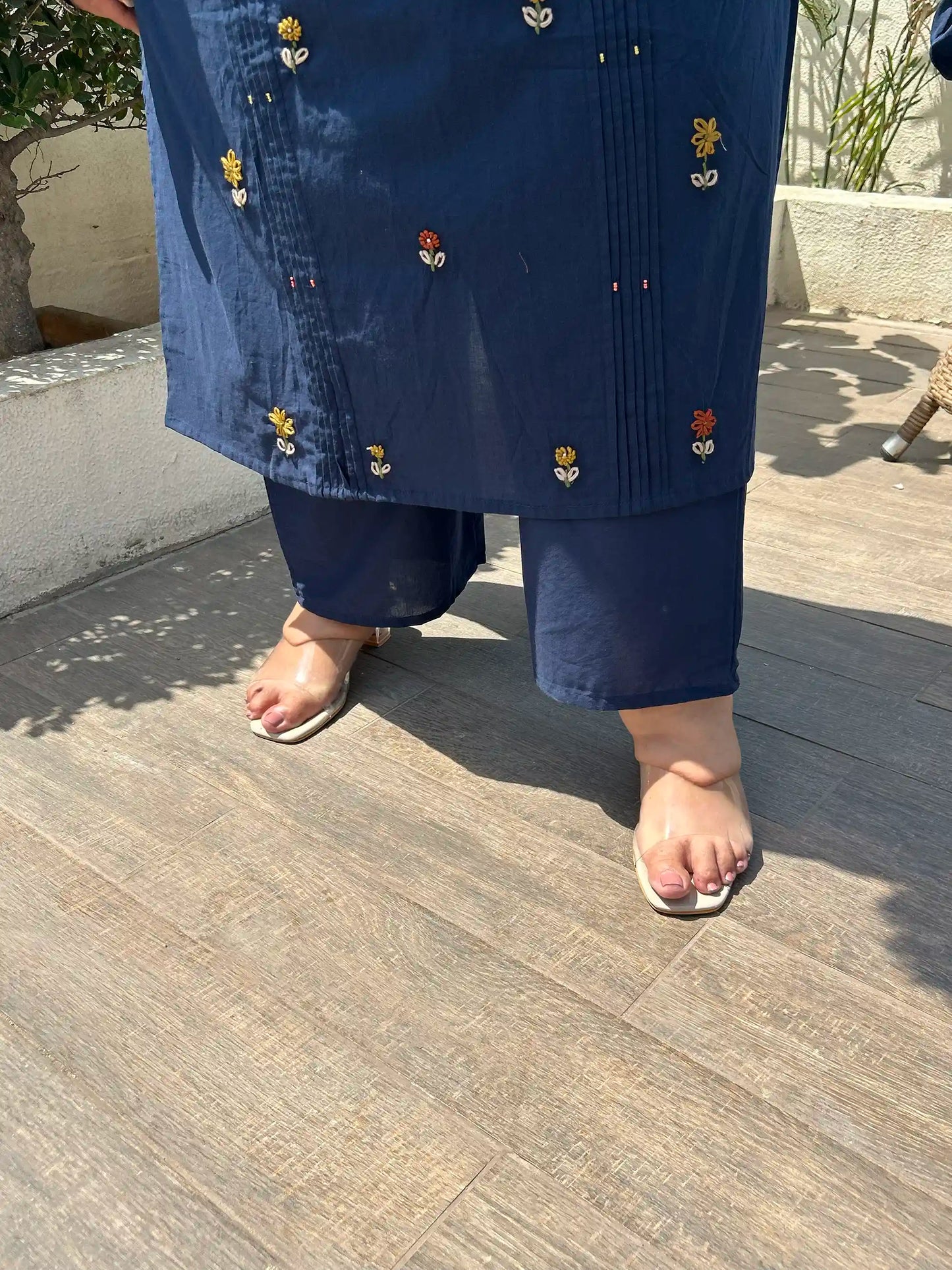 Dark Blue Embroidered Plus Size Cotton Suit Set