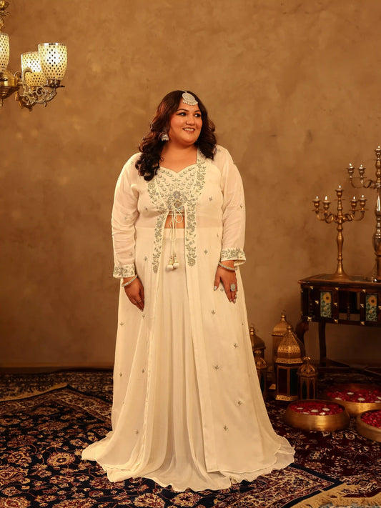 Vaani White Embroidered Plus Size Shrug Set with Skirt