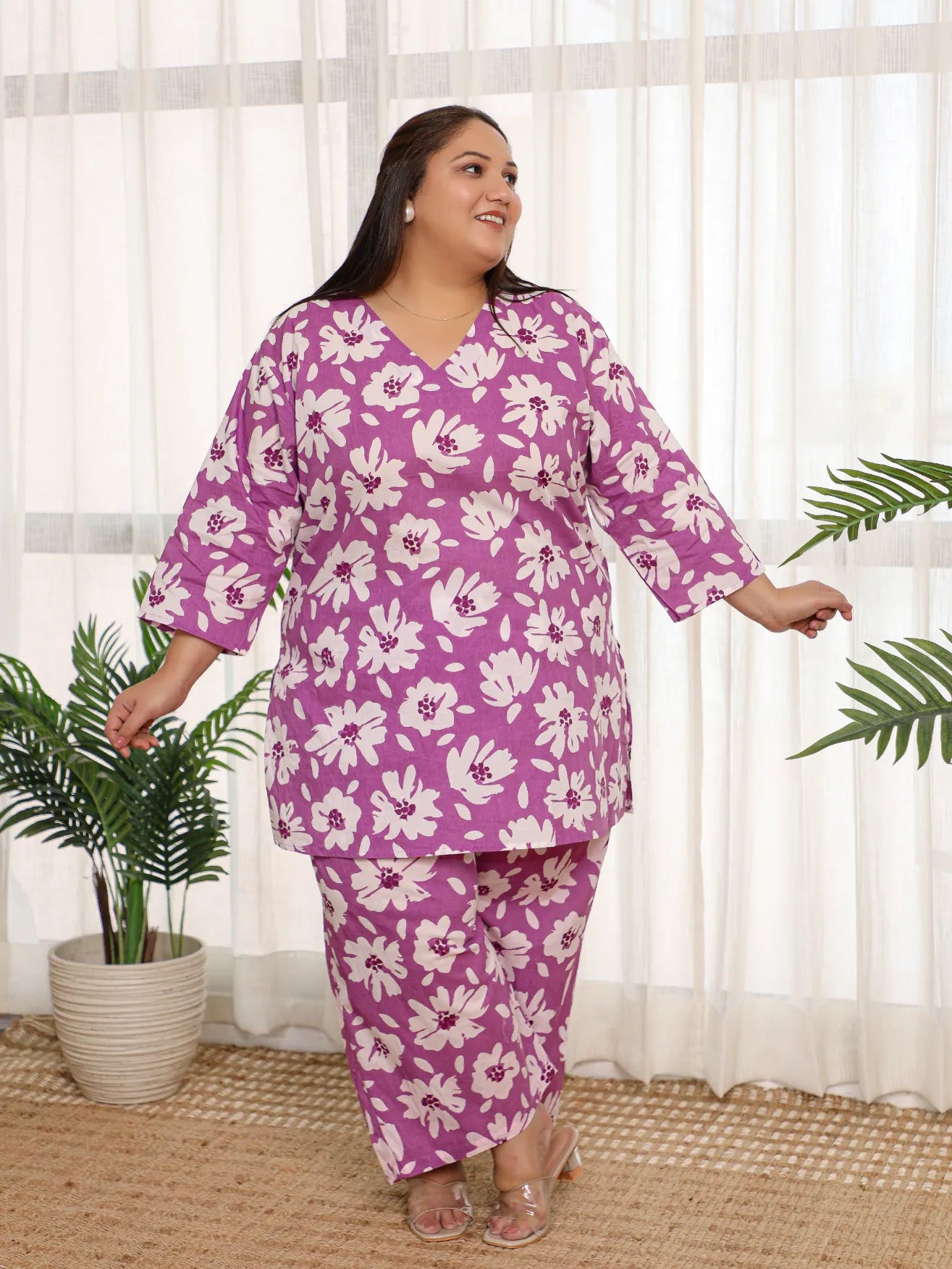 Tina- Purlple Floral Cotton Plus Size Co-ord