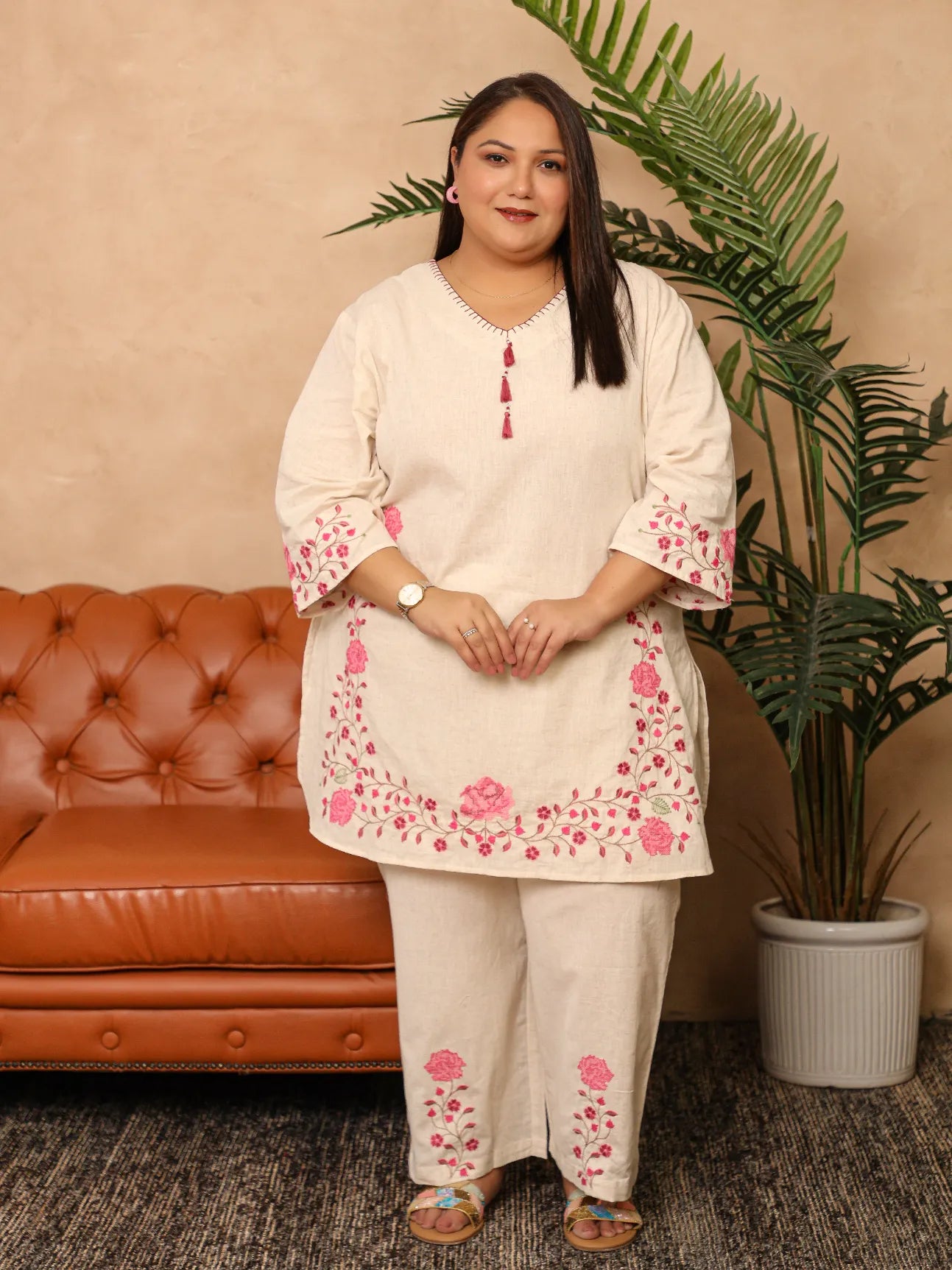Pooja- Pink Floral Detailing Plus Size Co-ord