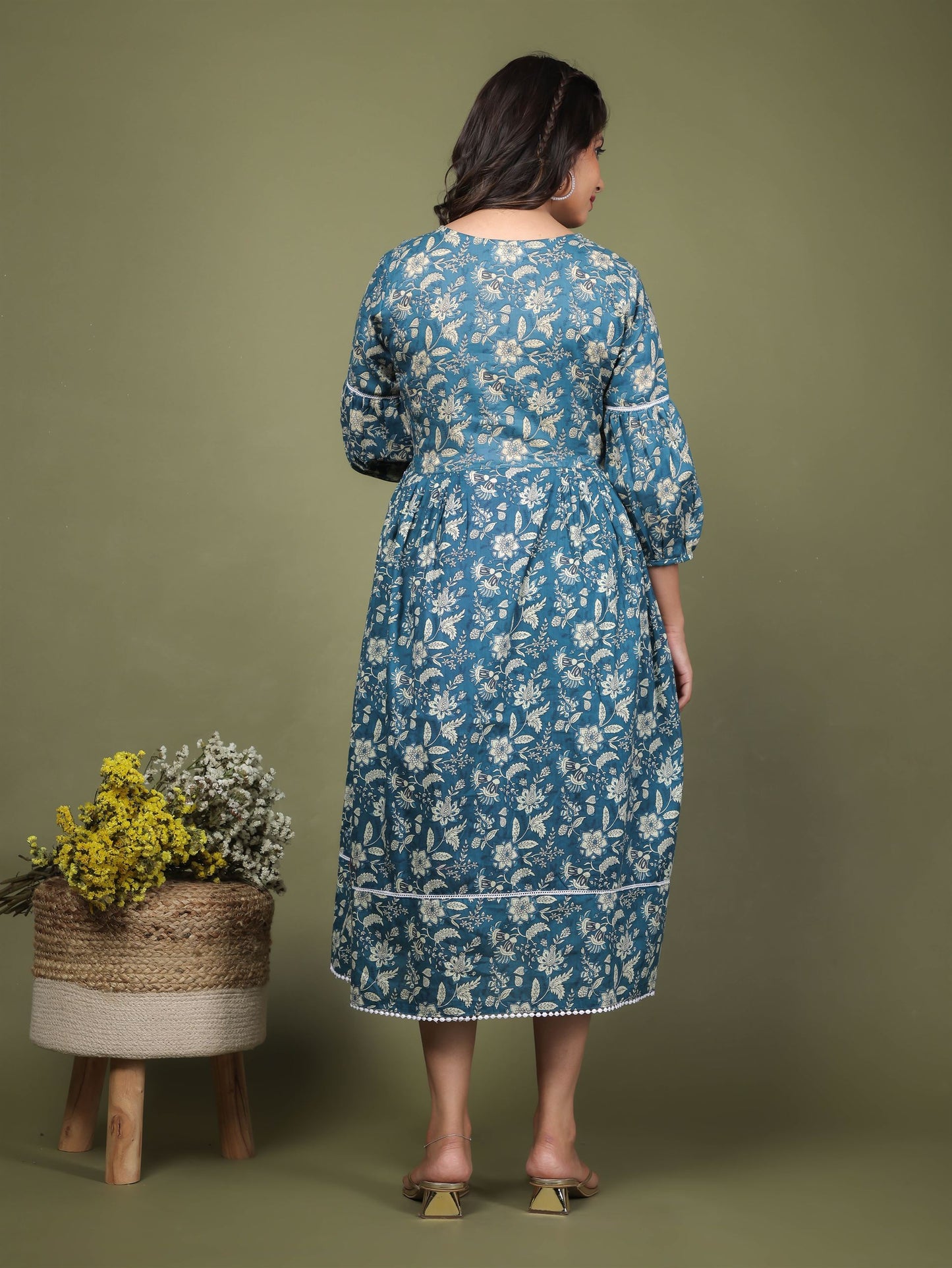 Teal Blue Printed Maternity Dress