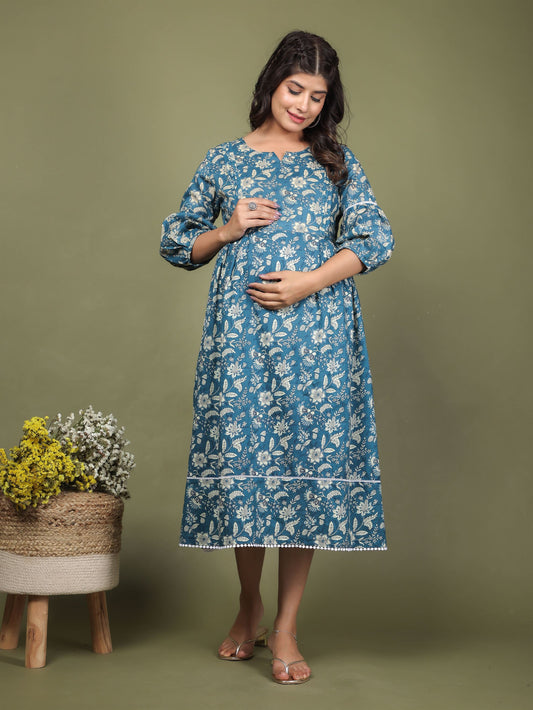 Teal Blue Printed Maternity Dress