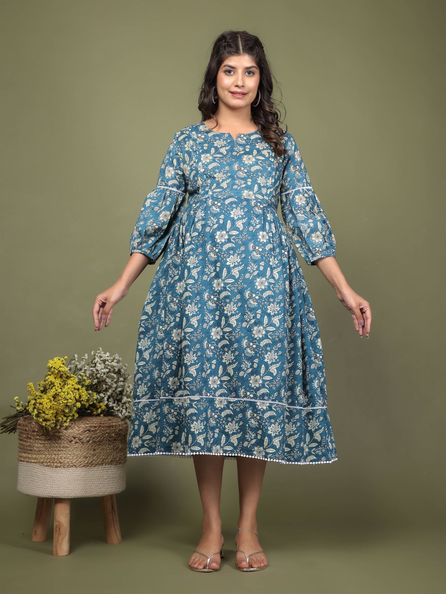 Teal Blue Printed Maternity Dress