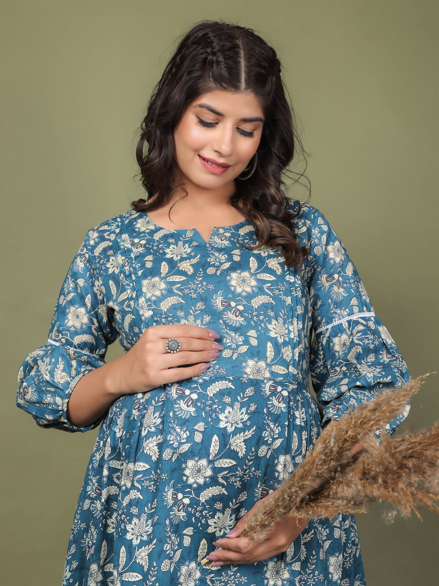 Teal Blue Printed Maternity Dress