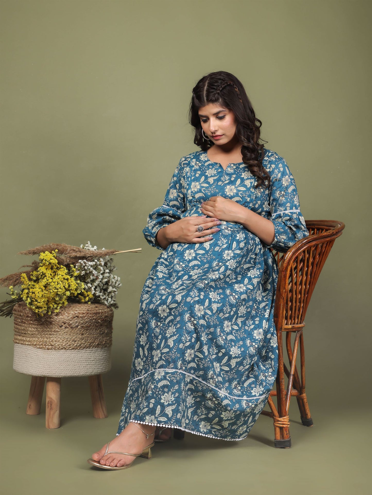 Teal Blue Printed Maternity Dress