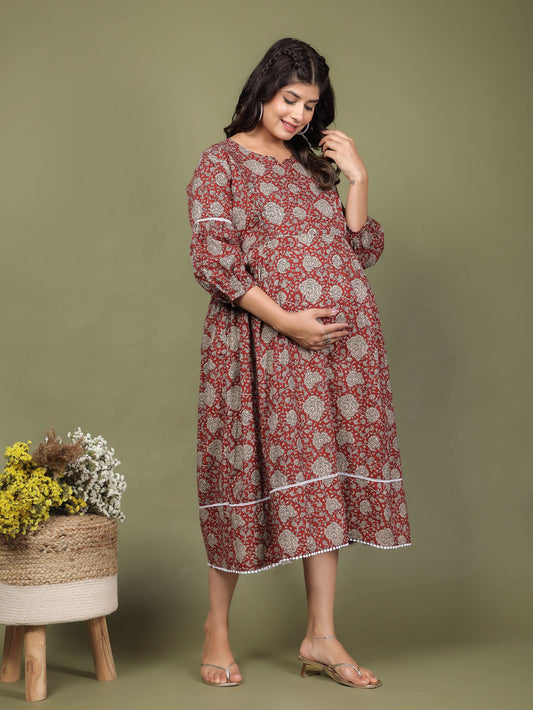 Cuchikoo by Laali Maroon Floral Jaal Maternity Dress