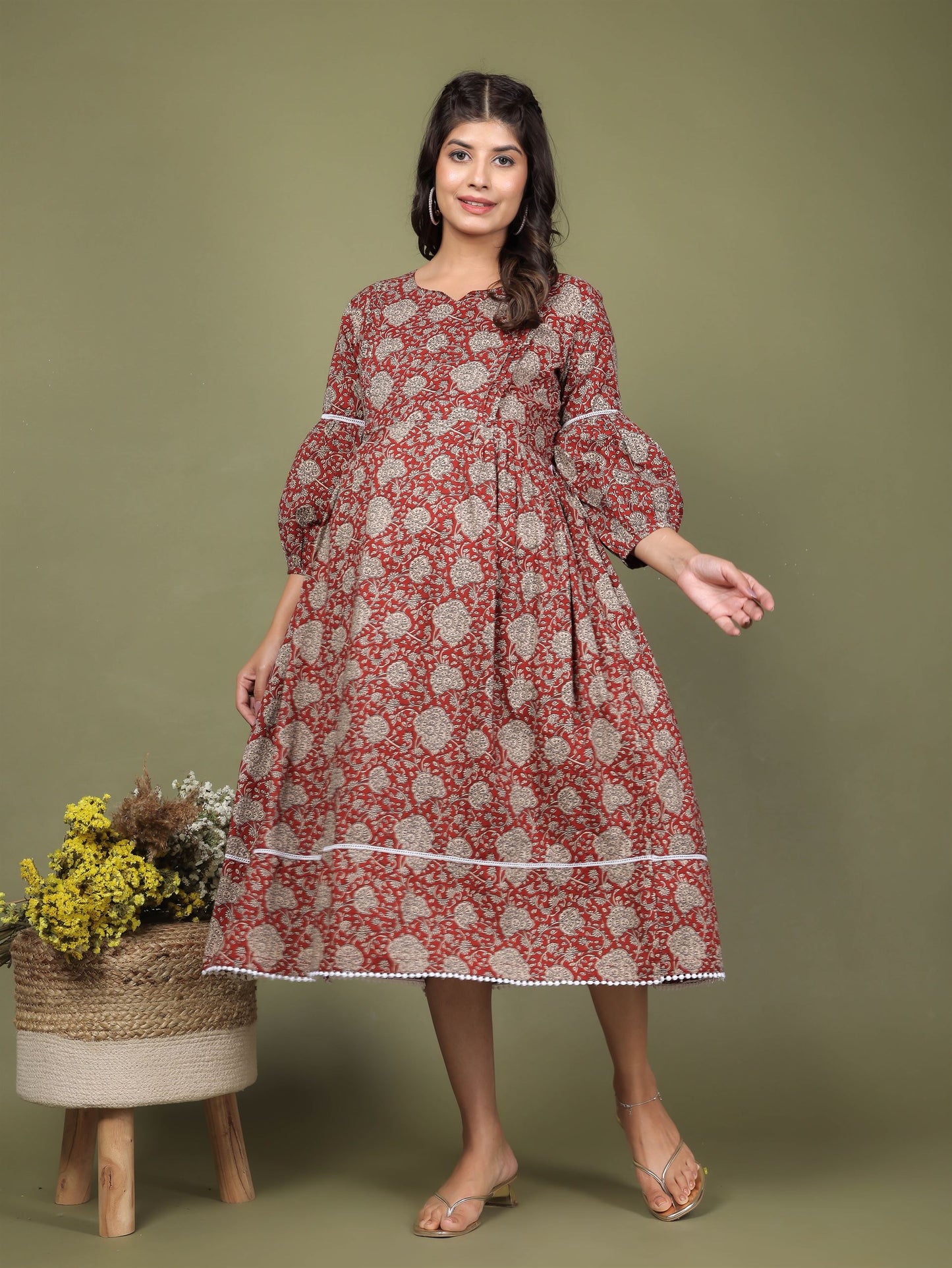 Cuchikoo by Laali Maroon Floral Jaal Maternity Dress