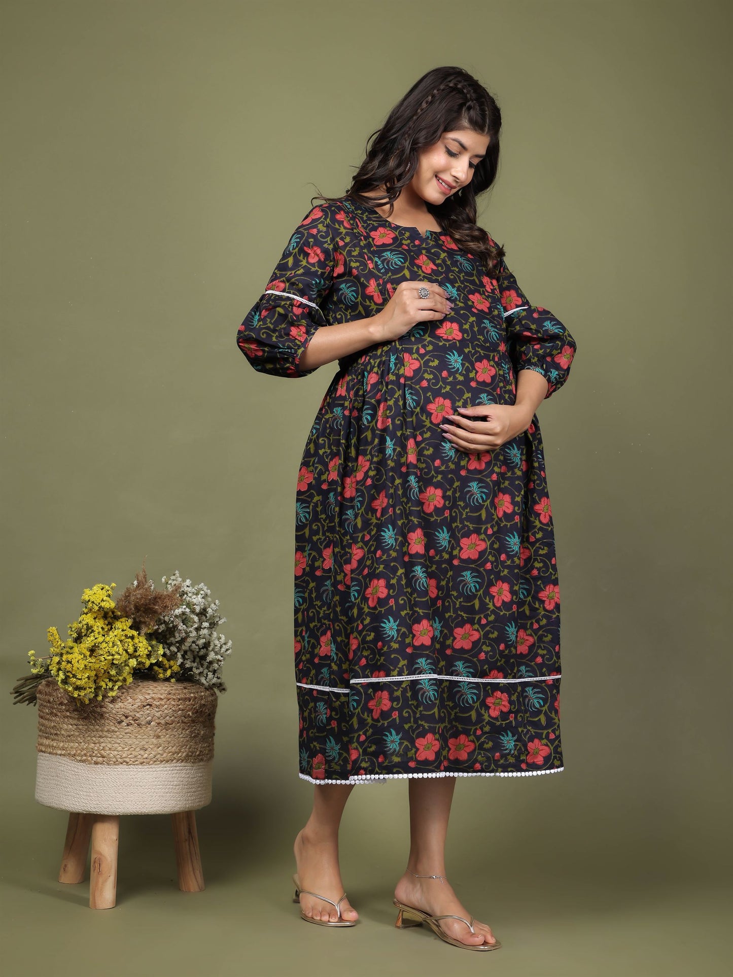 Floral Dark Blue Maternity Dress