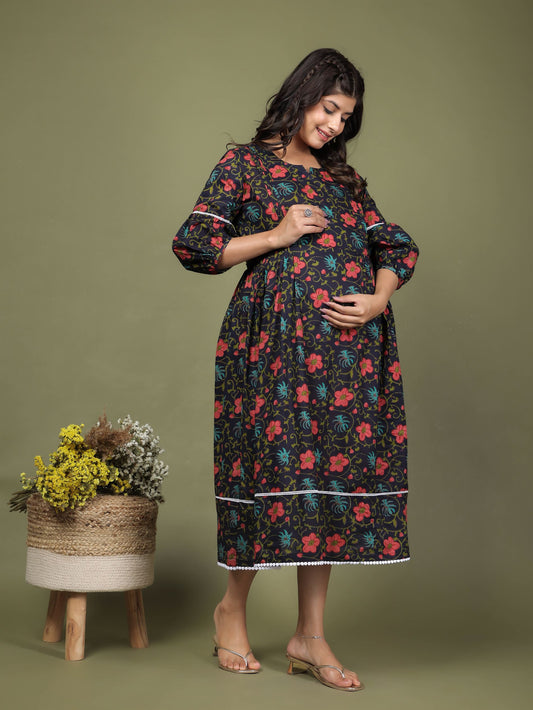 Floral Dark Blue Maternity Dress
