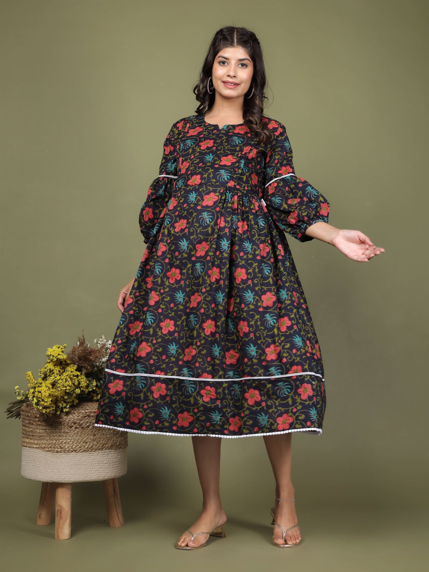 Floral Dark Blue Maternity Dress