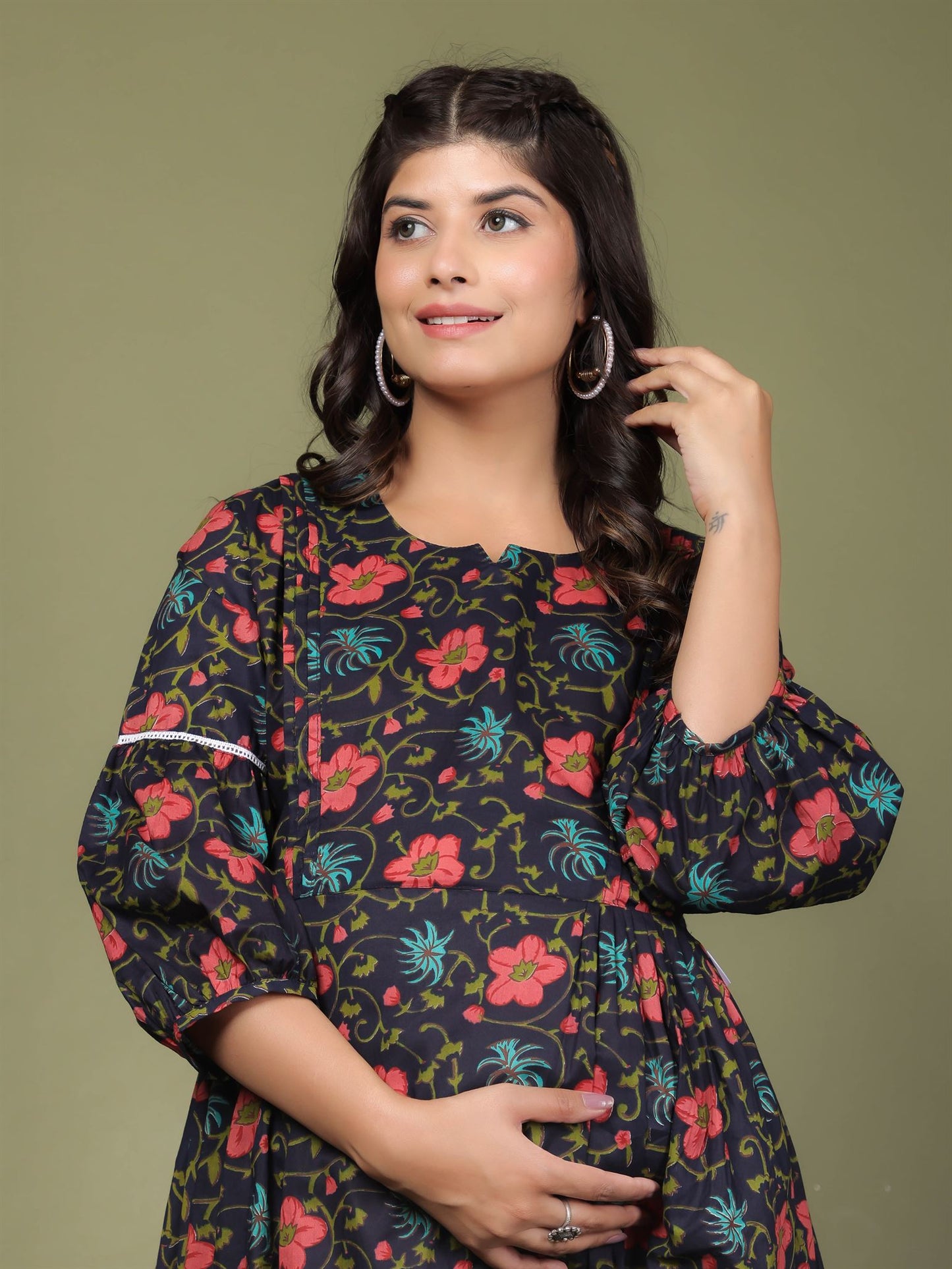 Floral Dark Blue Maternity Dress