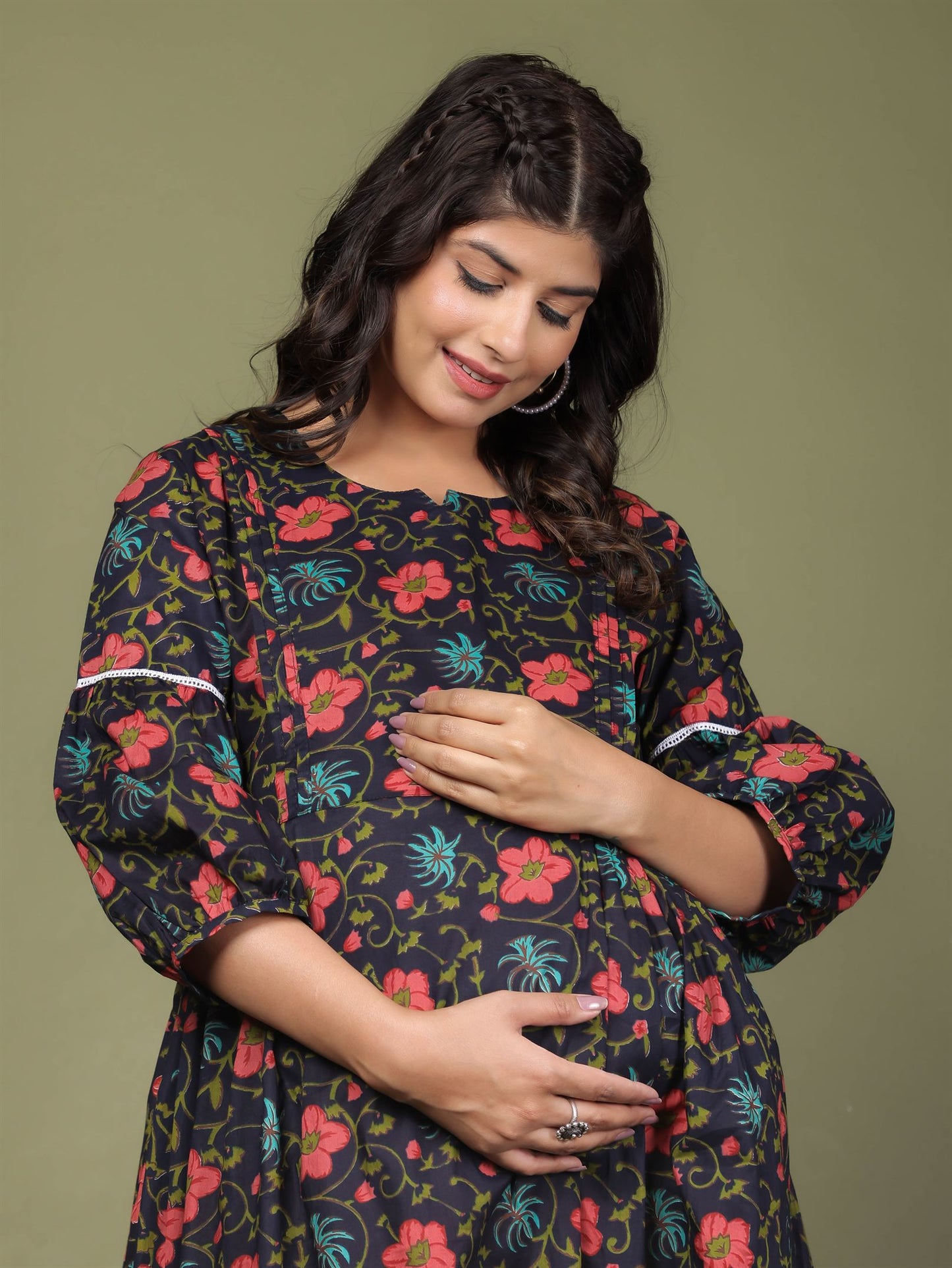 Floral Dark Blue Maternity Dress