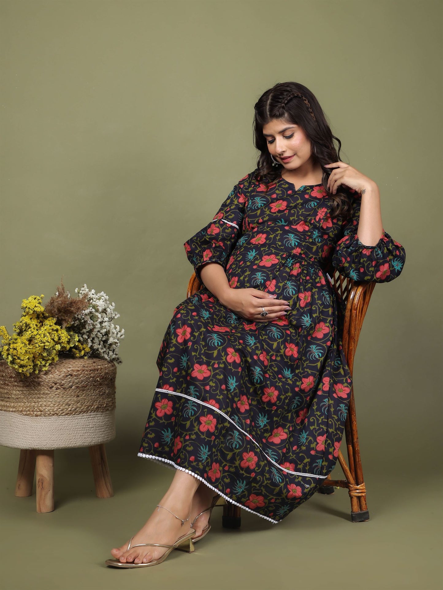 Floral Dark Blue Maternity Dress