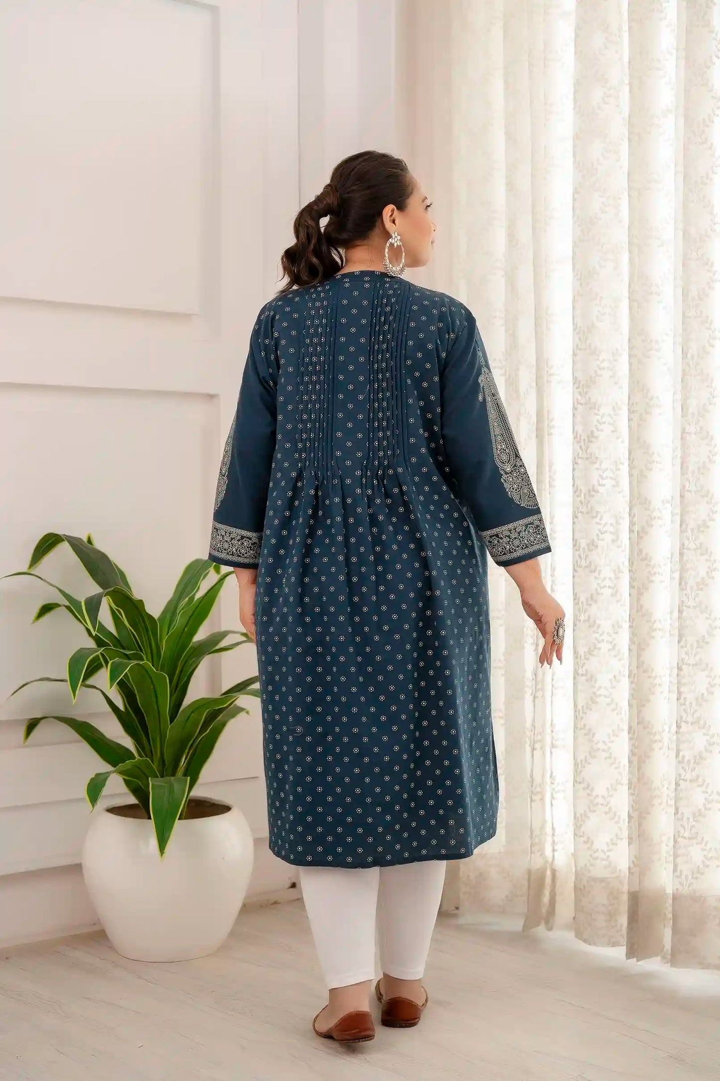 Blue Printed Pintucked Gathered Plus Size Kurti