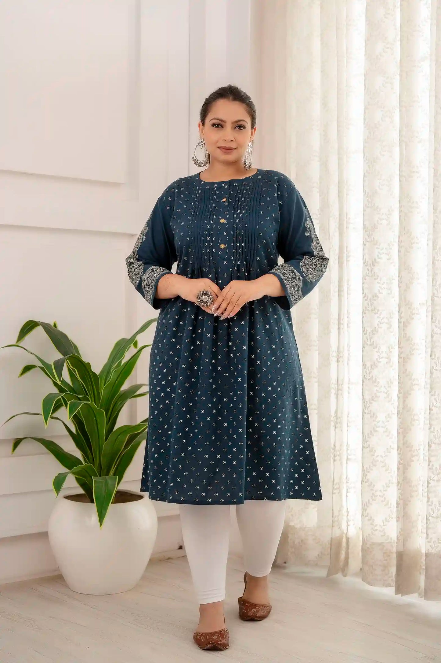 Blue Printed Pintucked Gathered Plus Size Kurti