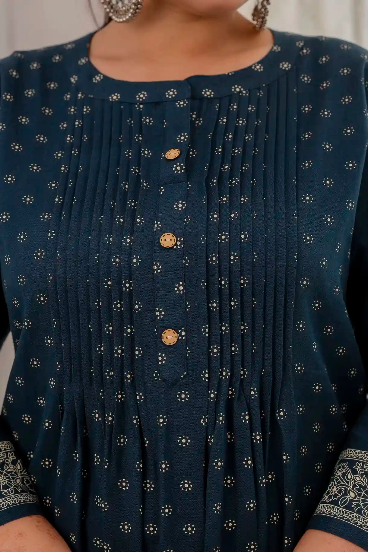 Blue Printed Pintucked Gathered Plus Size Kurti