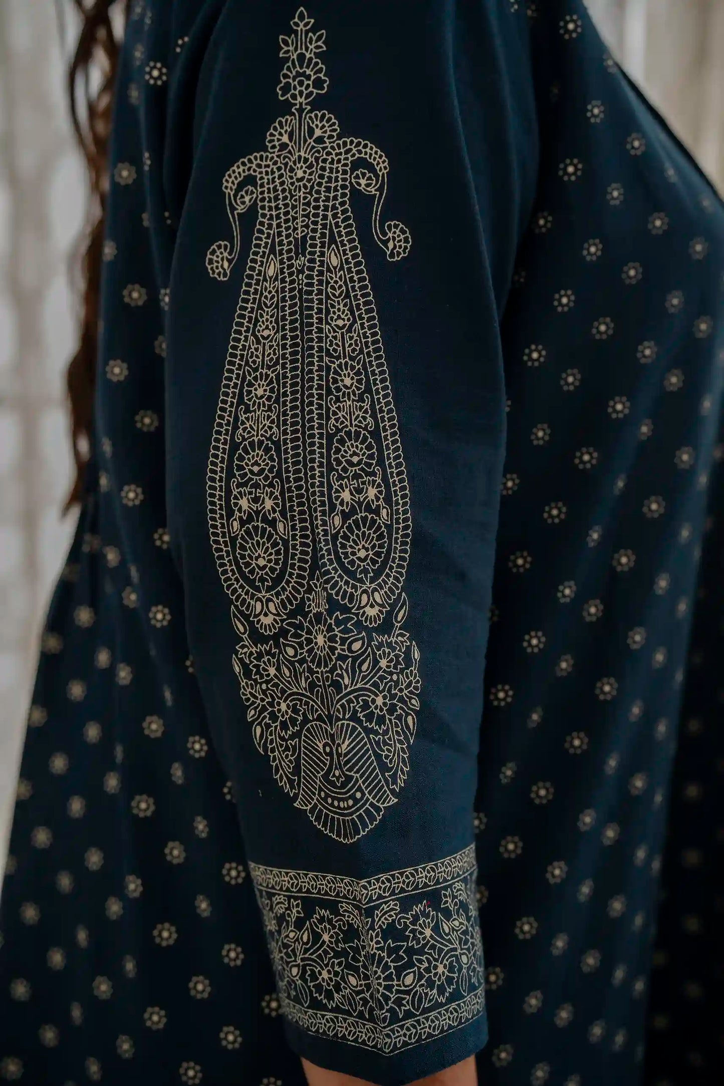 Blue Printed Pintucked Gathered Plus Size Kurti