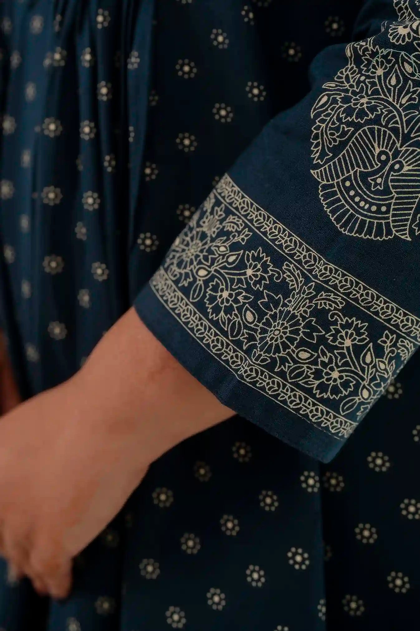 Blue Printed Pintucked Gathered Plus Size Kurti