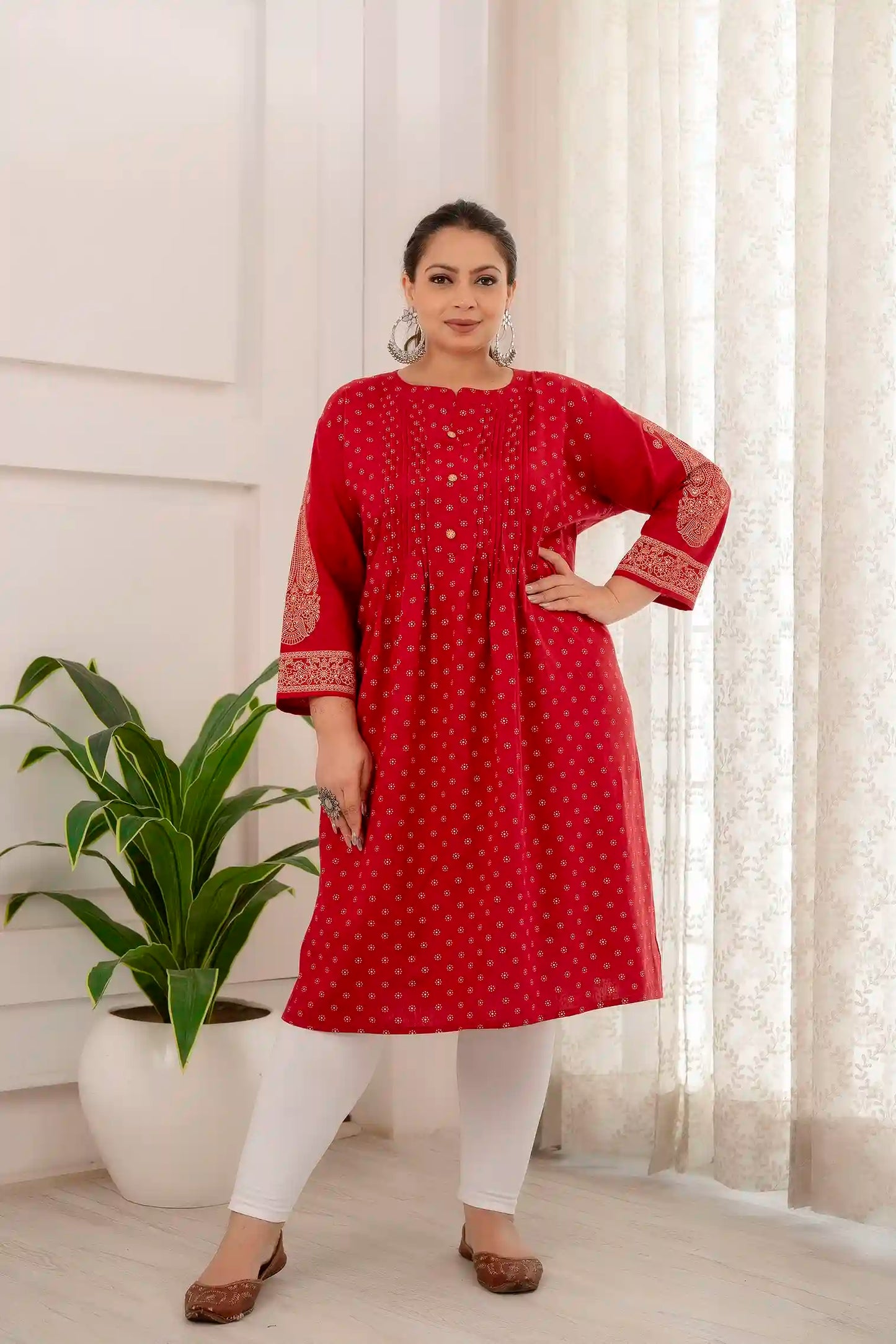 Maroon Printed Pintucked Gathered Plus Size Kurti